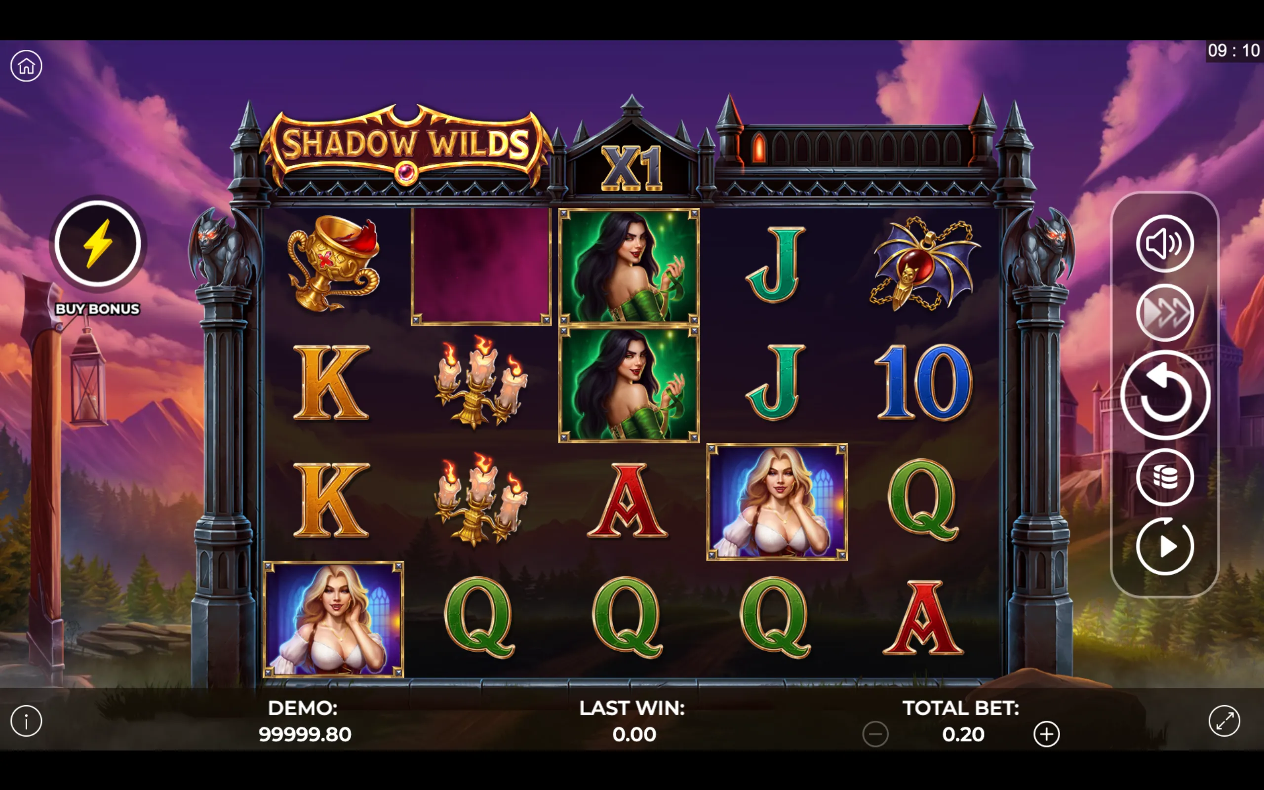 Shadow Wilds slot game interface featuring gothic architecture, mystical characters, and fantasy-themed symbols under a twilight sky.