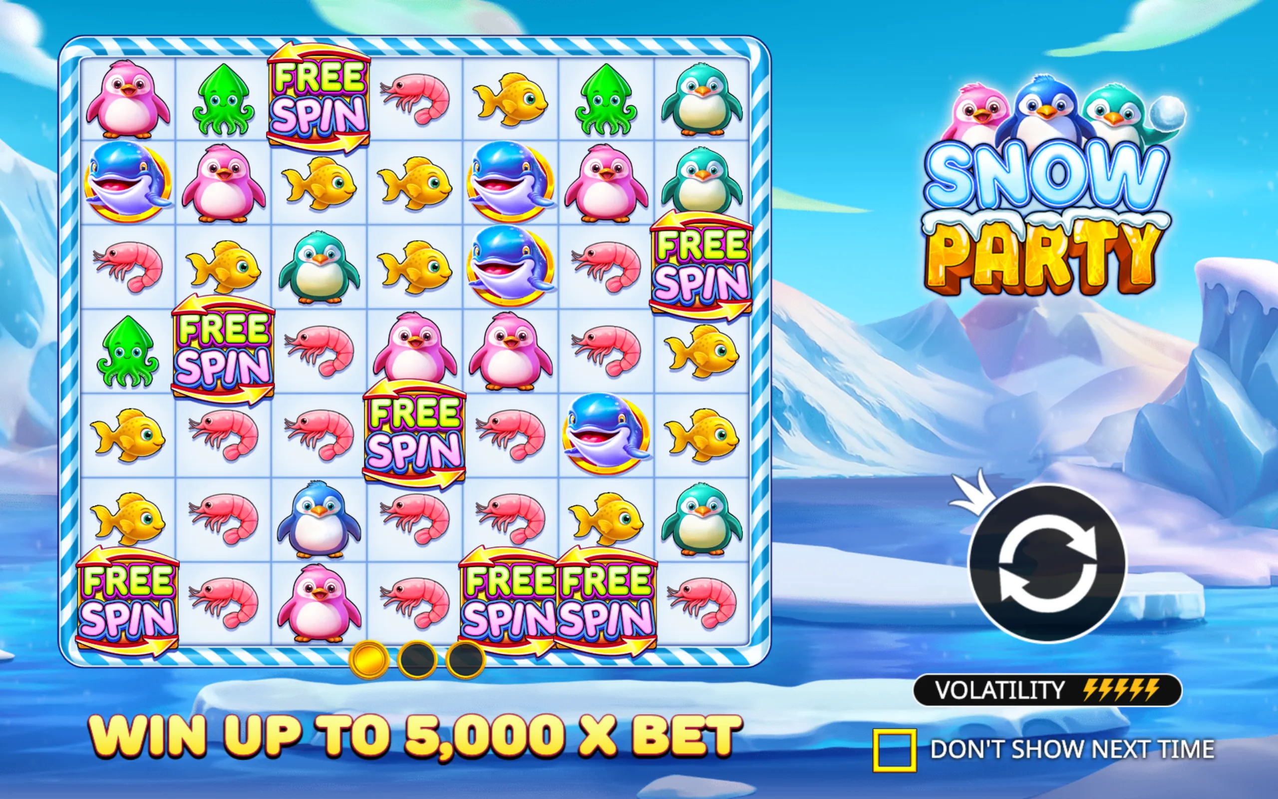 Colorful slot game grid featuring animated sea creatures and penguins with 'Free Spin' symbols, set against a snowy arctic backdrop with mountains and icebergs.