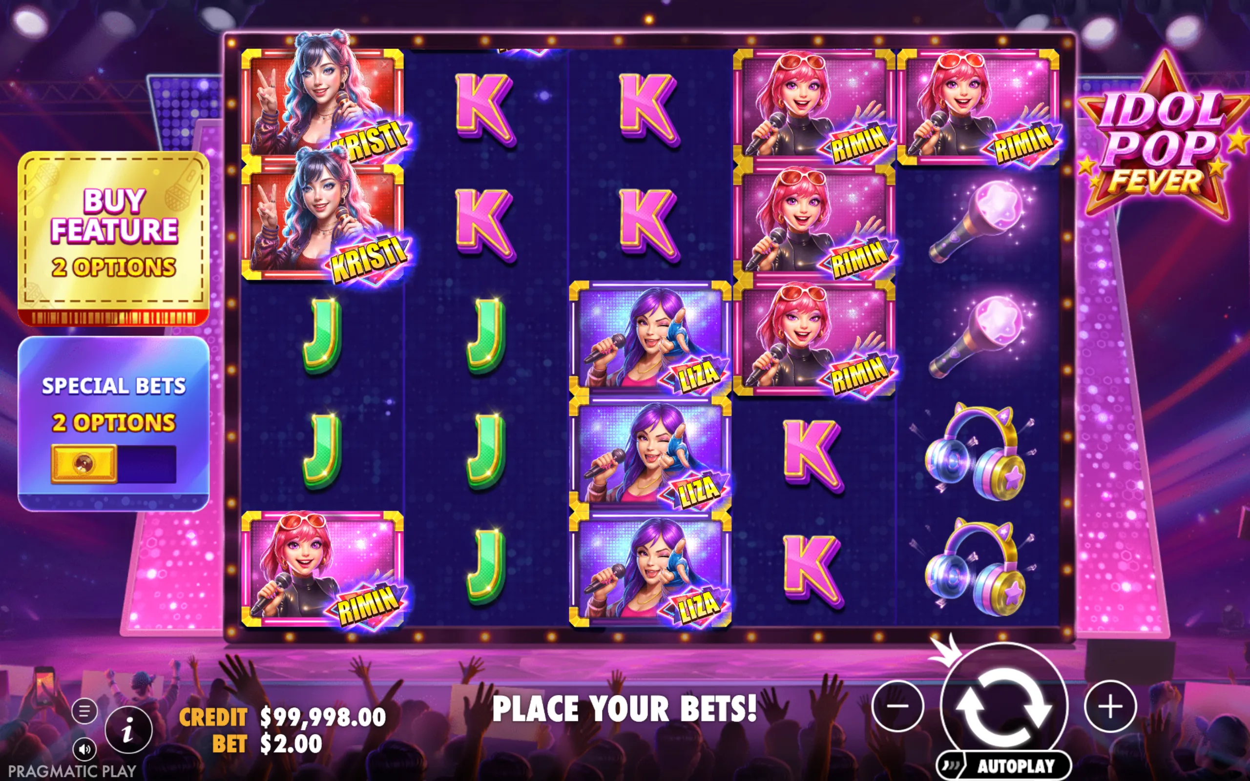 Colorful slot game interface featuring animated pop idol characters named Kristi, Rimin, and Liza, with vibrant symbols like microphones and headphones on a stage-like background.