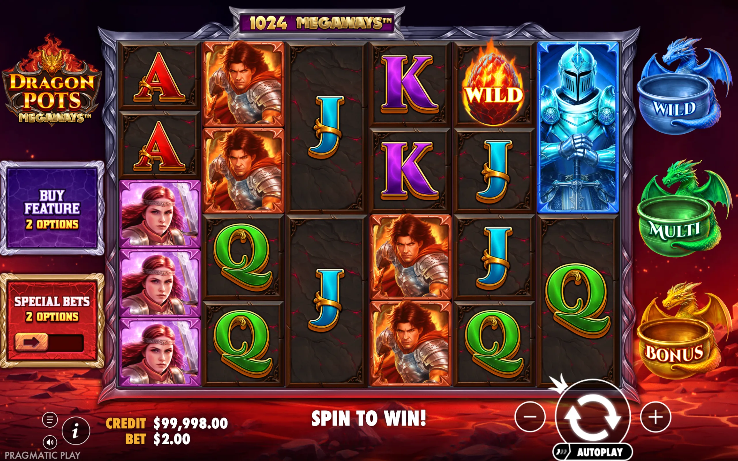 Dragon Pots Megaways slot game with medieval fantasy symbols including knights, dragons, wilds, and bonus pots on a volcanic background