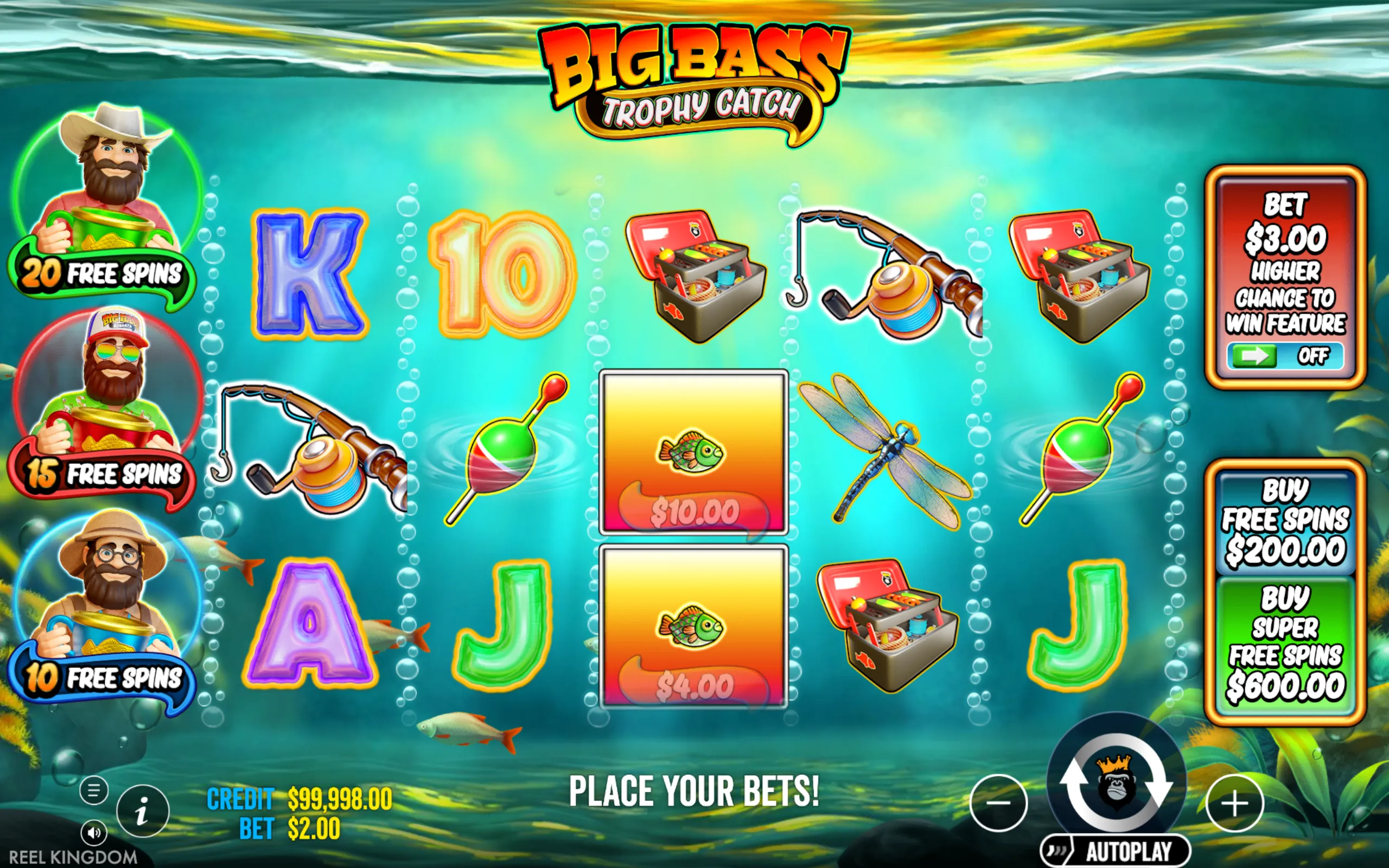 Underwater themed slot game interface featuring fishing gear, colorful letters, and characters offering free spins bonuses.