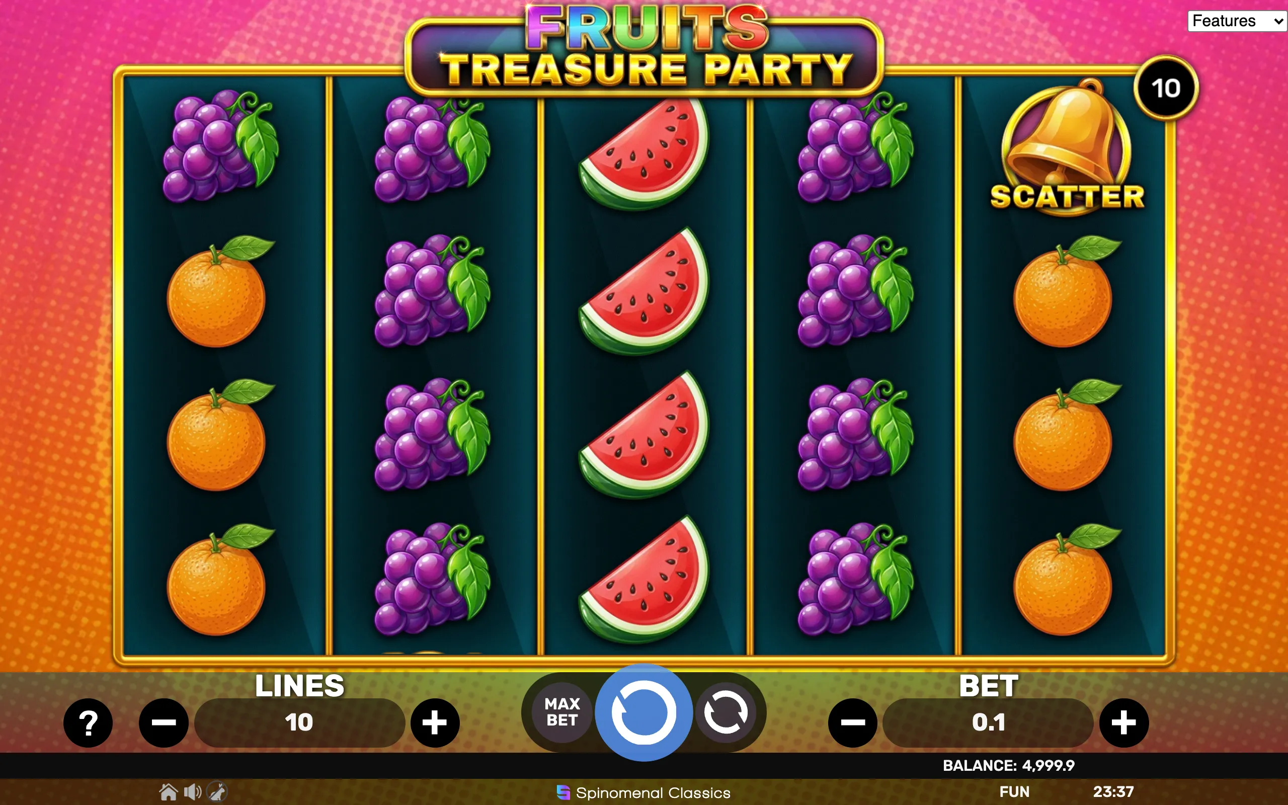 Colorful slot game interface featuring grapes, oranges, watermelon slices, and a golden bell scatter symbol on a dark reel background with a bright pink-orange gradient border.