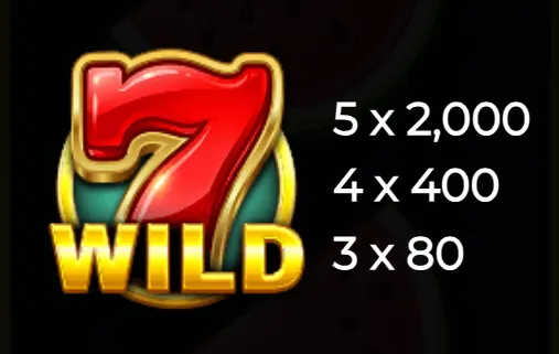 A red number 7 wild symbol with golden edges and payout values for matching 3, 4, or 5 on a black background.