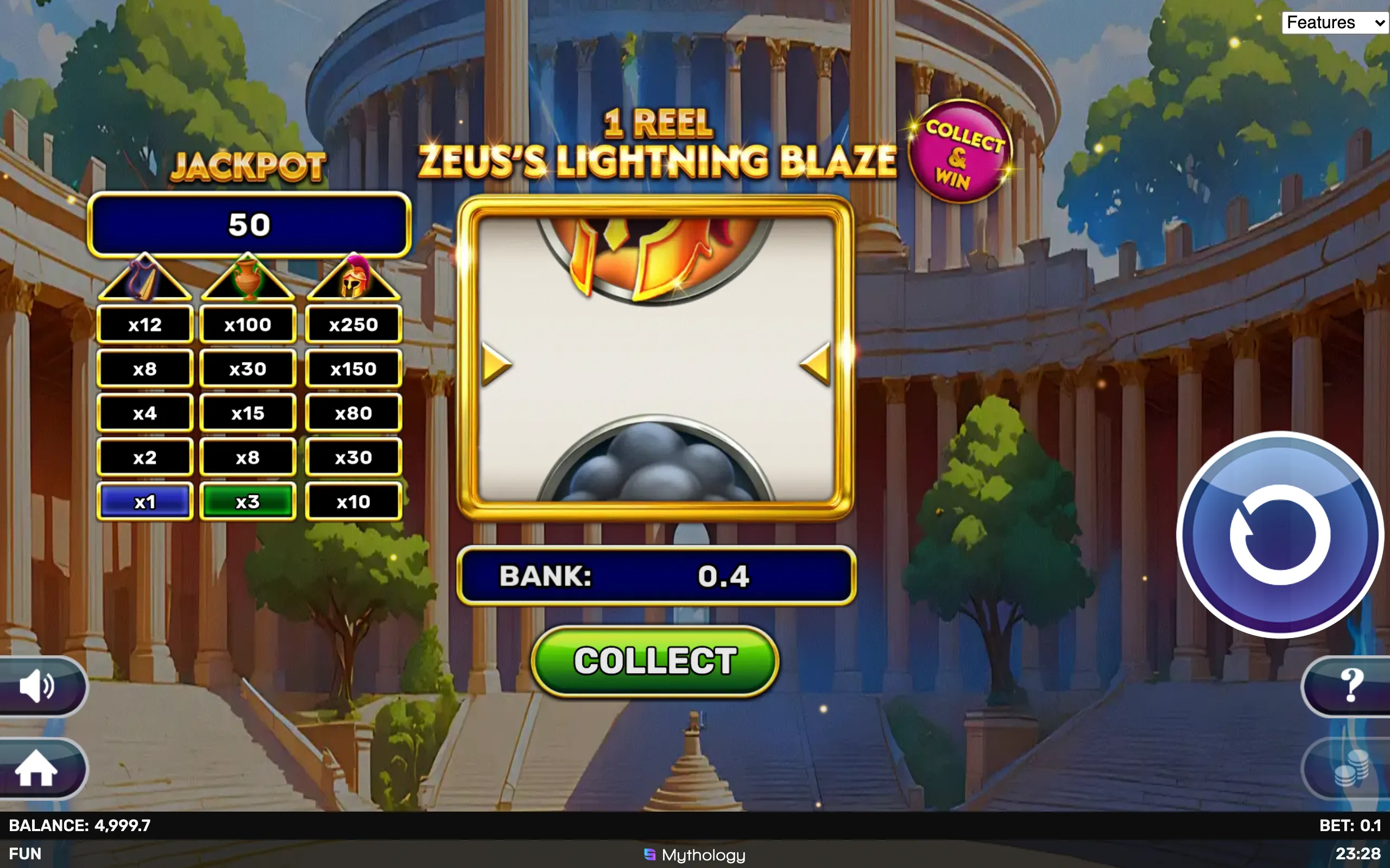 A single reel slot game interface featuring symbols like a lyre, amphora, and helmet with jackpot multipliers, set against a backdrop of ancient Greek architecture.