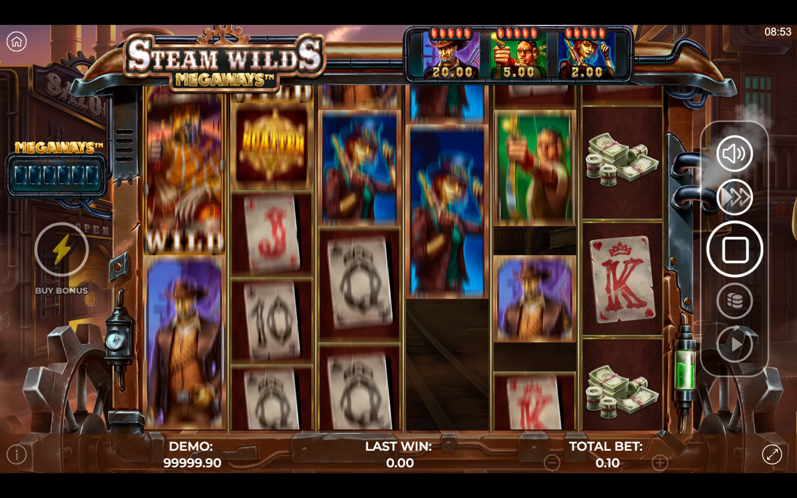 Steam Wilds Megaways slot game with steampunk Wild West characters, playing cards, money symbols, and a mechanical gear interface.