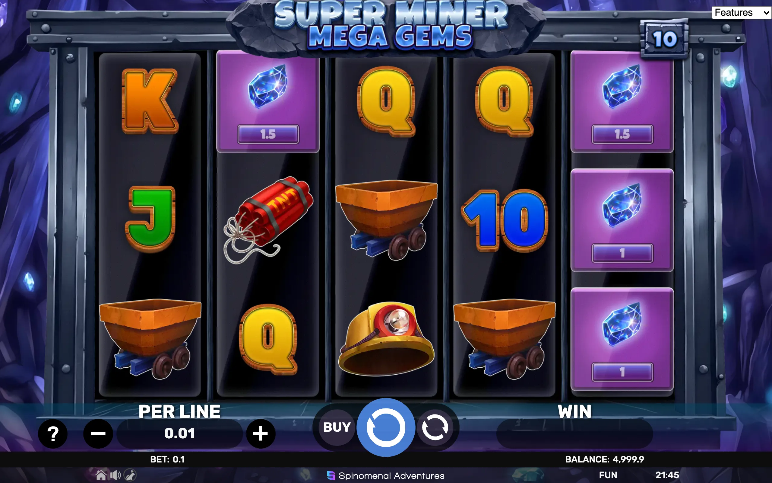 Slot game interface featuring mining-themed symbols including gems, mining carts, TNT, and a miner's helmet, set in a dark cave environment.