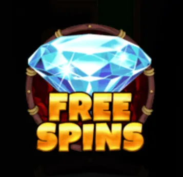 A large sparkling blue diamond above bold golden text reading 'FREE SPINS' on a dark background.