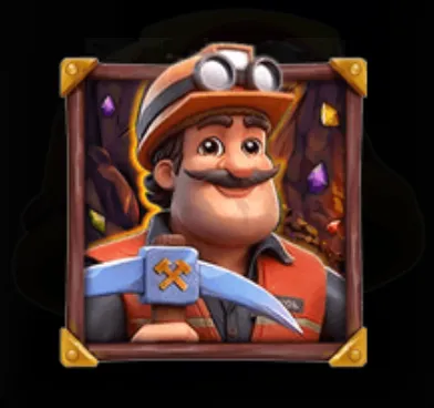 A cheerful miner character holding a pickaxe with colorful gems embedded in a rocky cave background, symbolizing treasure hunting and mining adventure.