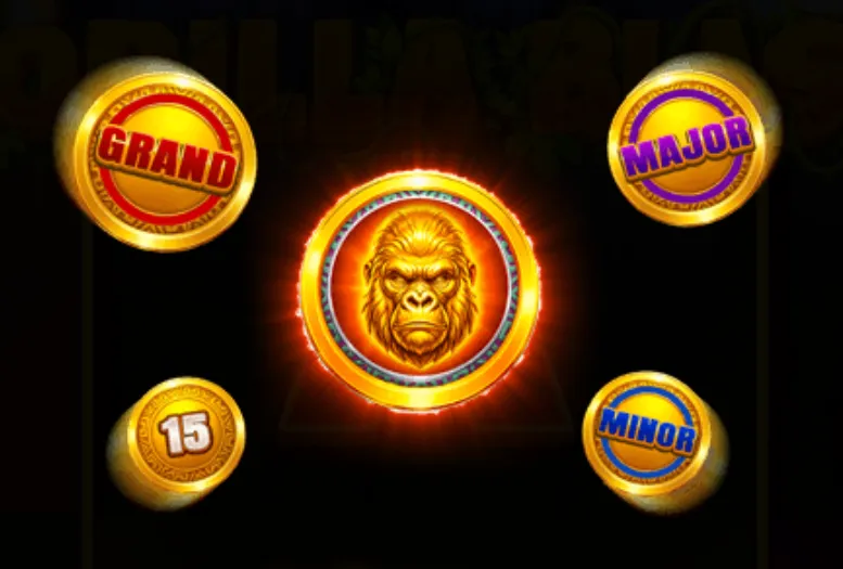 Golden coins featuring a fierce gorilla face and jackpot tiers labeled Grand, Major, Minor, and a 15 coin symbol on a dark background