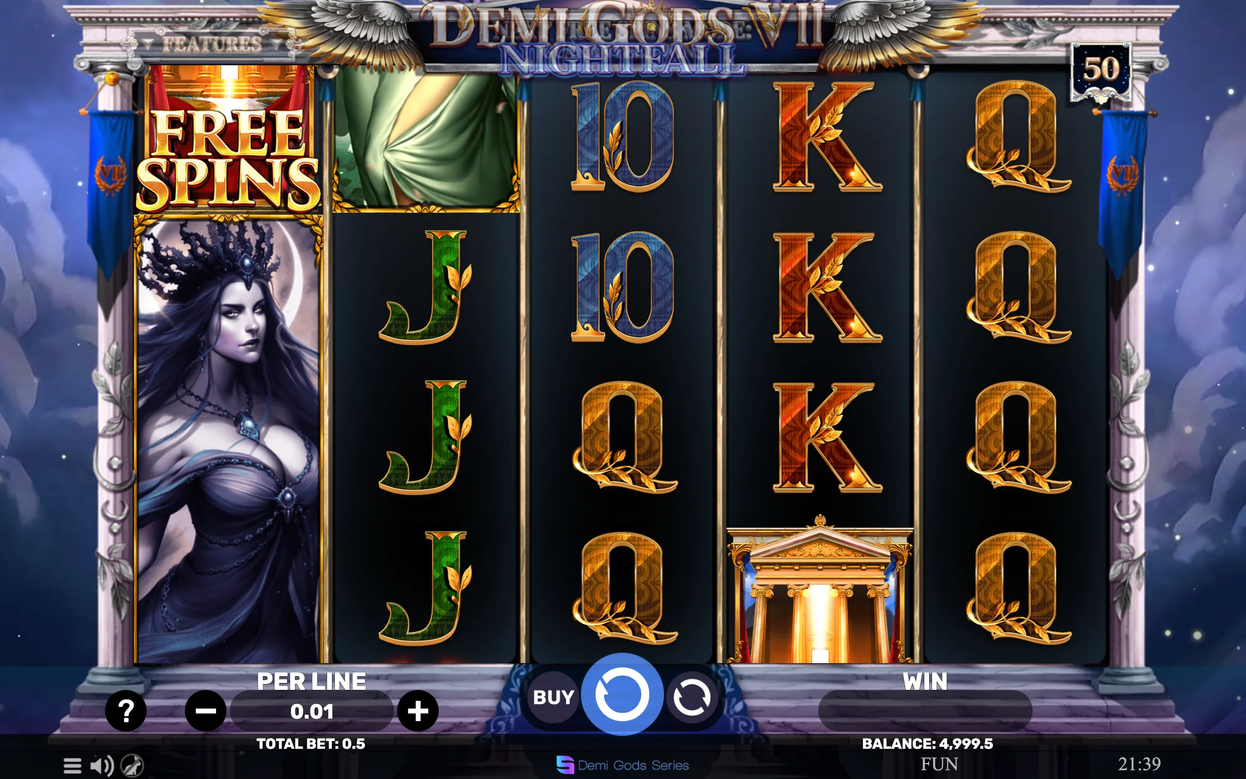 Slot game Demi Gods 7 - Nightfall featuring mythological symbols, elegant lettering, and a dark goddess character with a free spins feature highlighted.