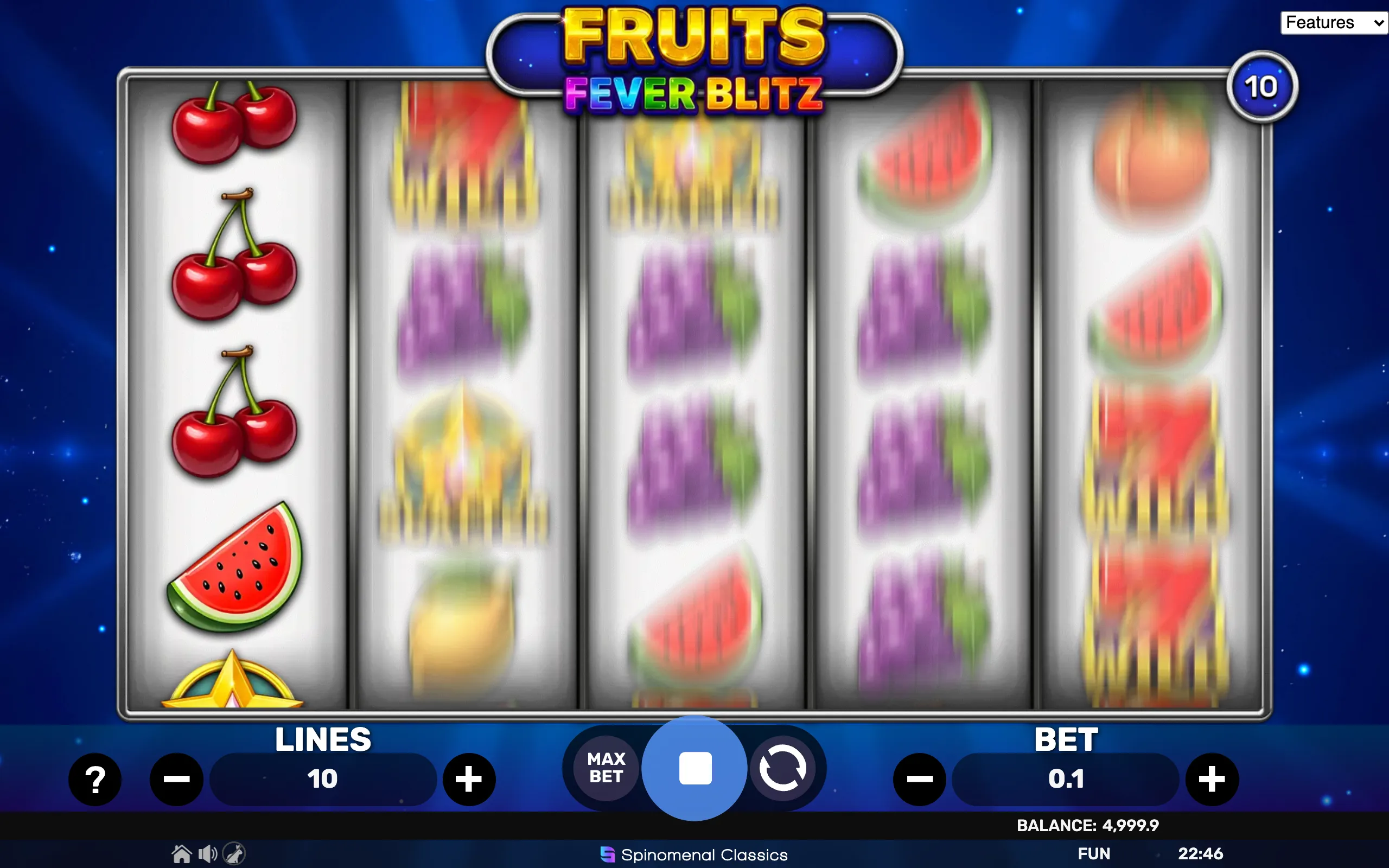 Bright and colorful fruit-themed slot game interface featuring cherries, watermelon, grapes, and wild symbols on spinning reels.