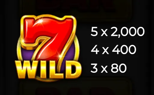 A bright red number 7 wild symbol with gold trim and bold yellow 'WILD' text, accompanied by payout multipliers for 3, 4, and 5 matches.