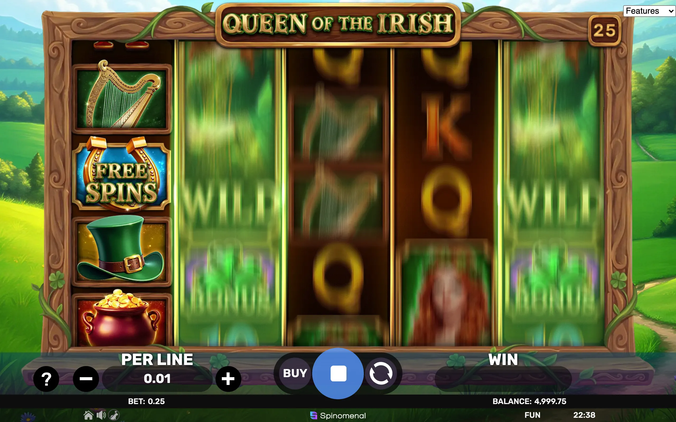 Slot game interface with Irish-themed symbols including a harp, green top hat, pot of gold, and a free spins icon, set against a lush countryside background.