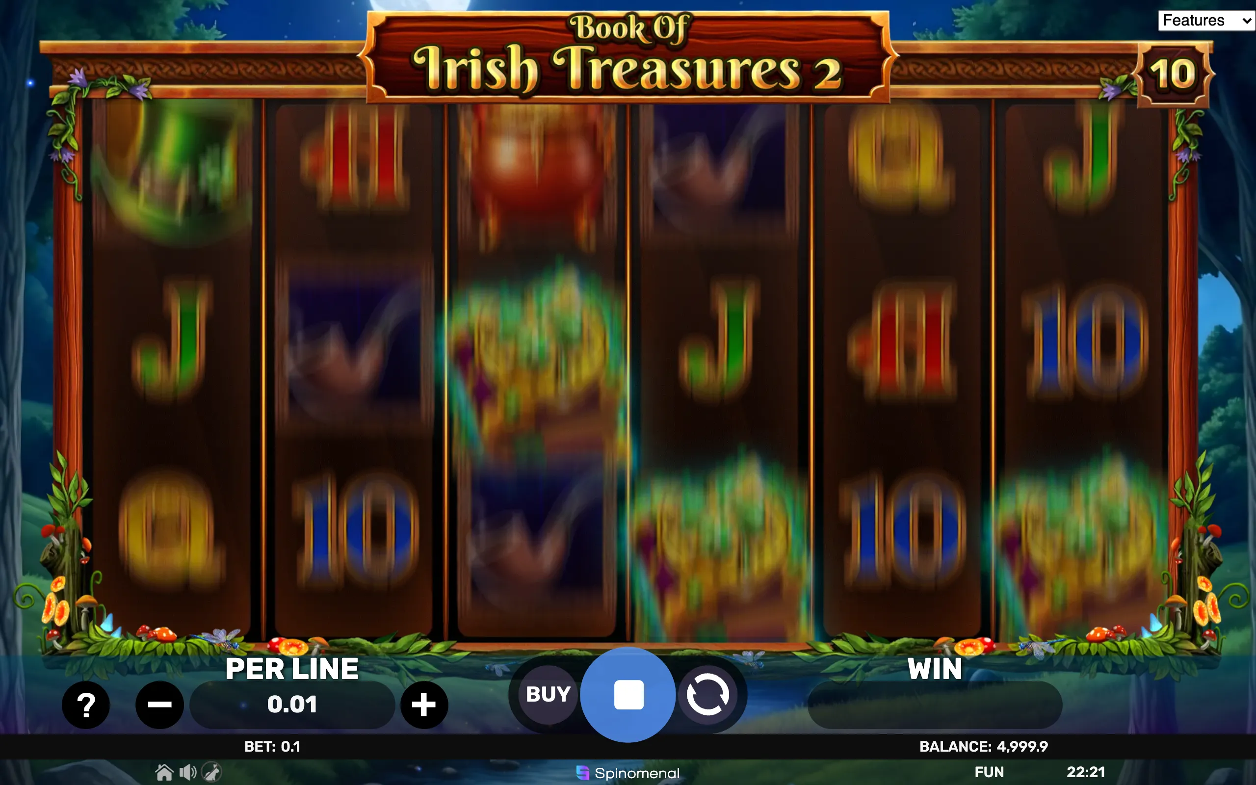 Book of Irish Treasures 2 slot game interface featuring spinning reels with Irish-themed symbols and a nature-inspired frame.
