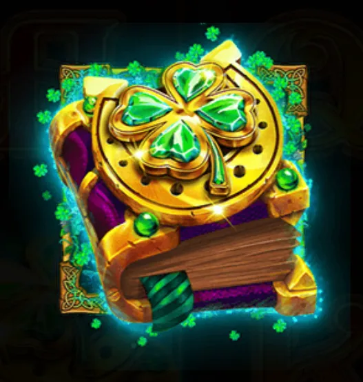 A glowing golden book adorned with a large green shamrock and horseshoe, surrounded by small clovers, symbolizing Irish luck and treasure.