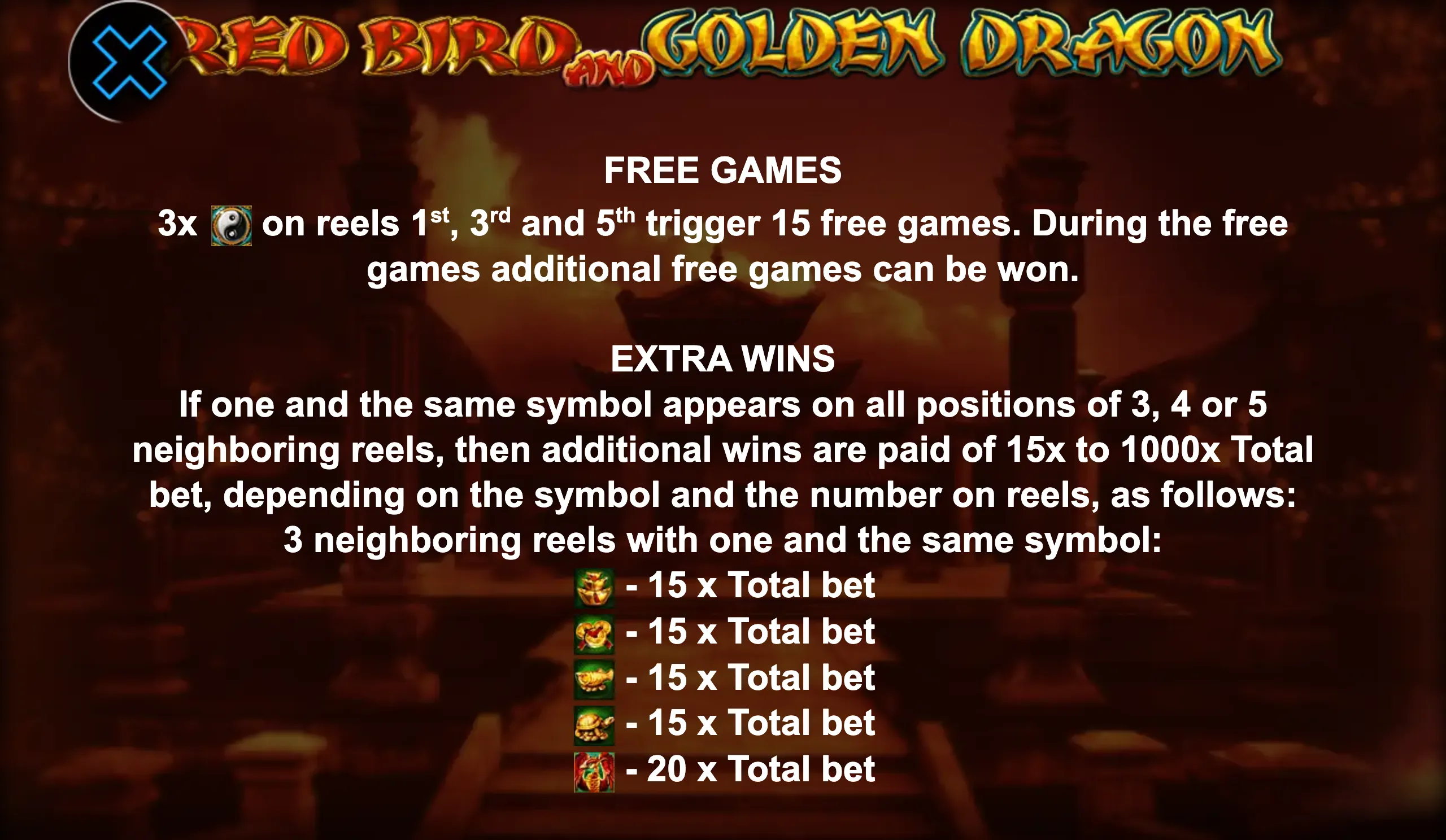 Red Bird and Golden Dragon paytable page 1 with symbol payouts