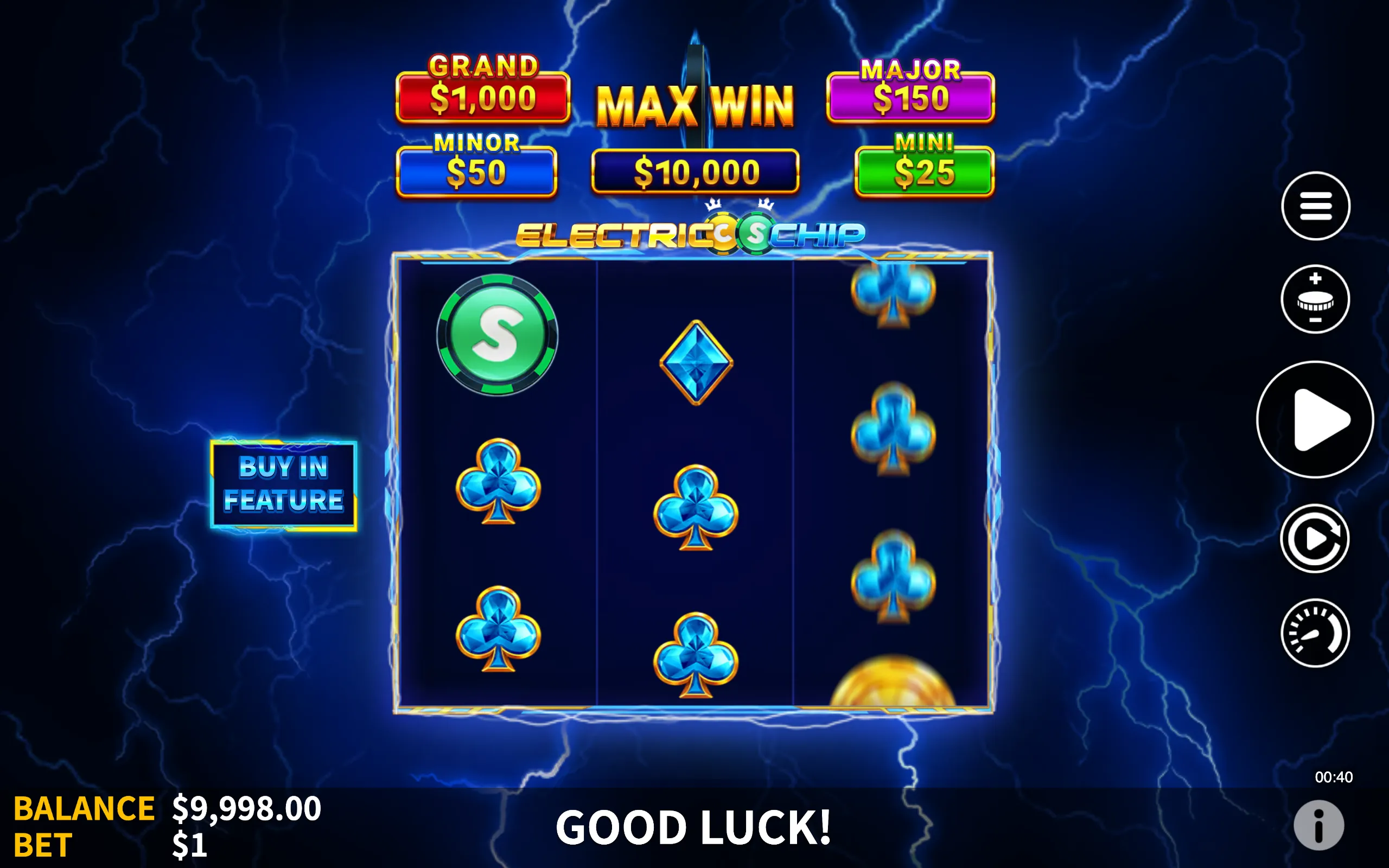 Electric Chip slot game interface with glowing poker chip symbols, jackpot tiers, and a dark blue electric background.