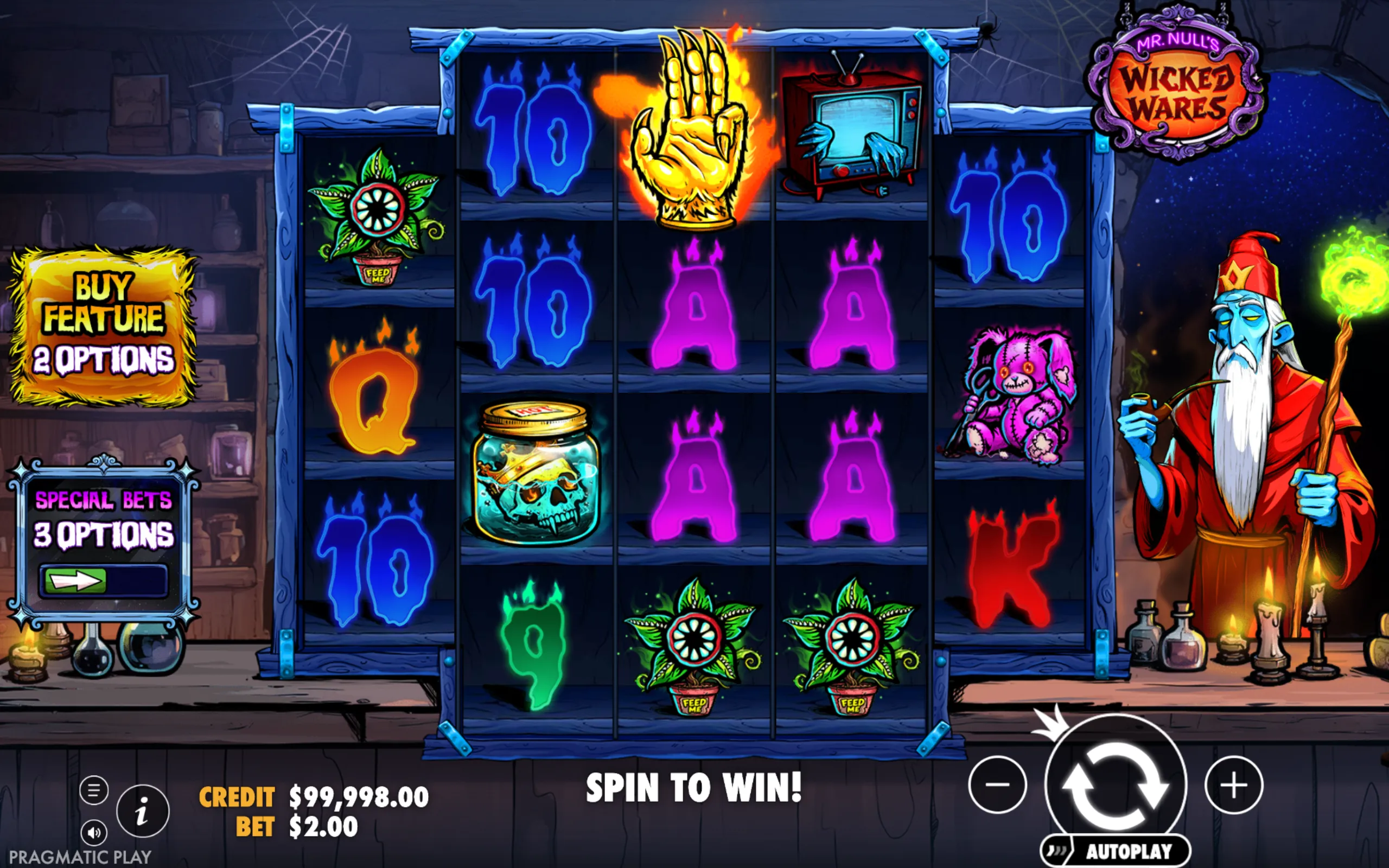 A dark, eerie slot game interface featuring glowing symbols like a fiery golden hand, a haunted TV, a jar with a skull, and a sinister wizard holding a glowing staff.