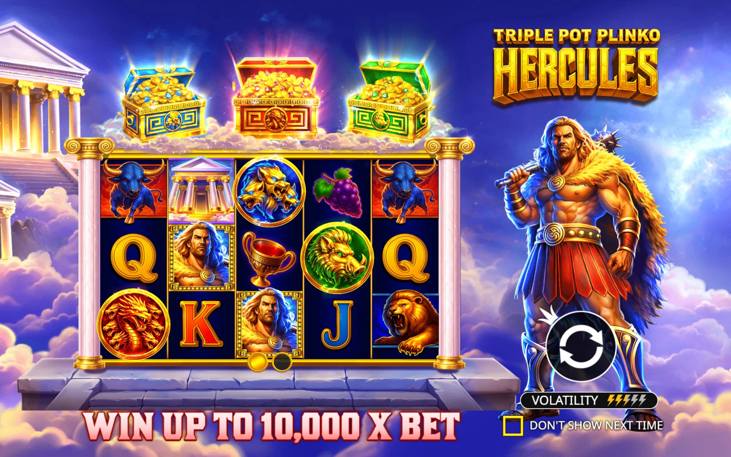 Slot game featuring Hercules with symbols of mythological creatures, treasure chests, and ancient Greek architecture.