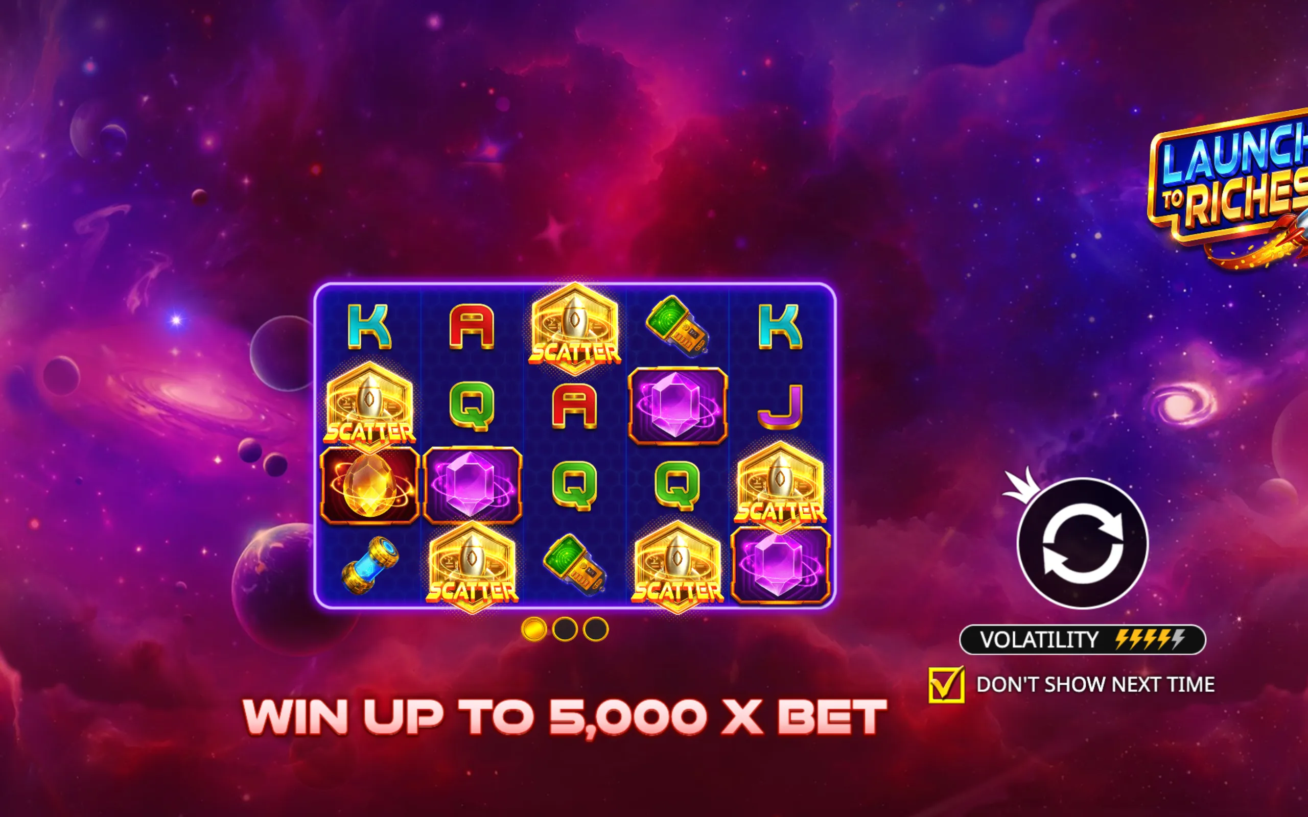 A space-themed slot game interface with glowing scatter symbols, colorful gems, and futuristic gadgets set against a vibrant purple galaxy background.