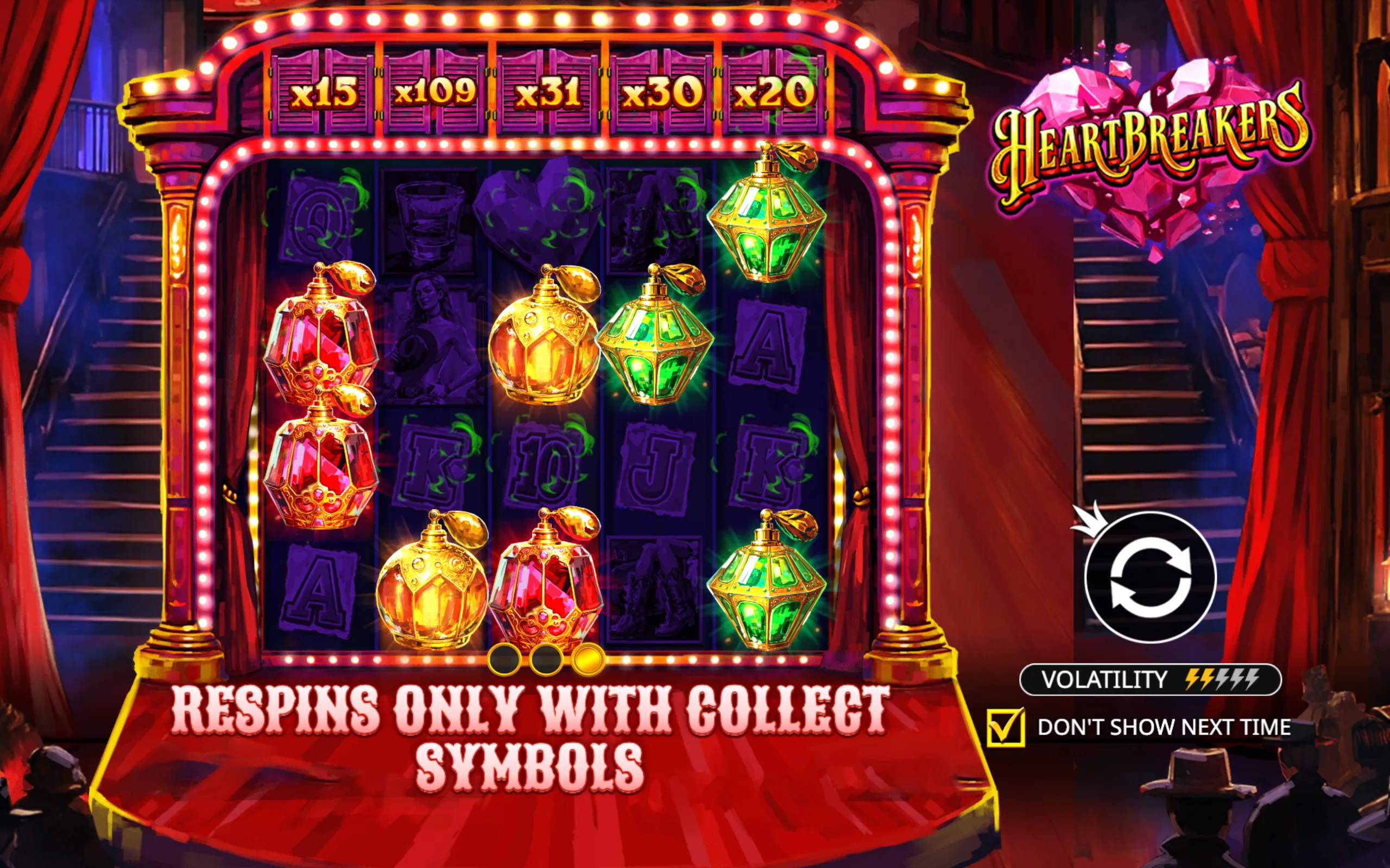A theatrical slot game interface with glowing perfume bottle symbols, multipliers above saloon-style shutters, and a shattered pink heart logo.