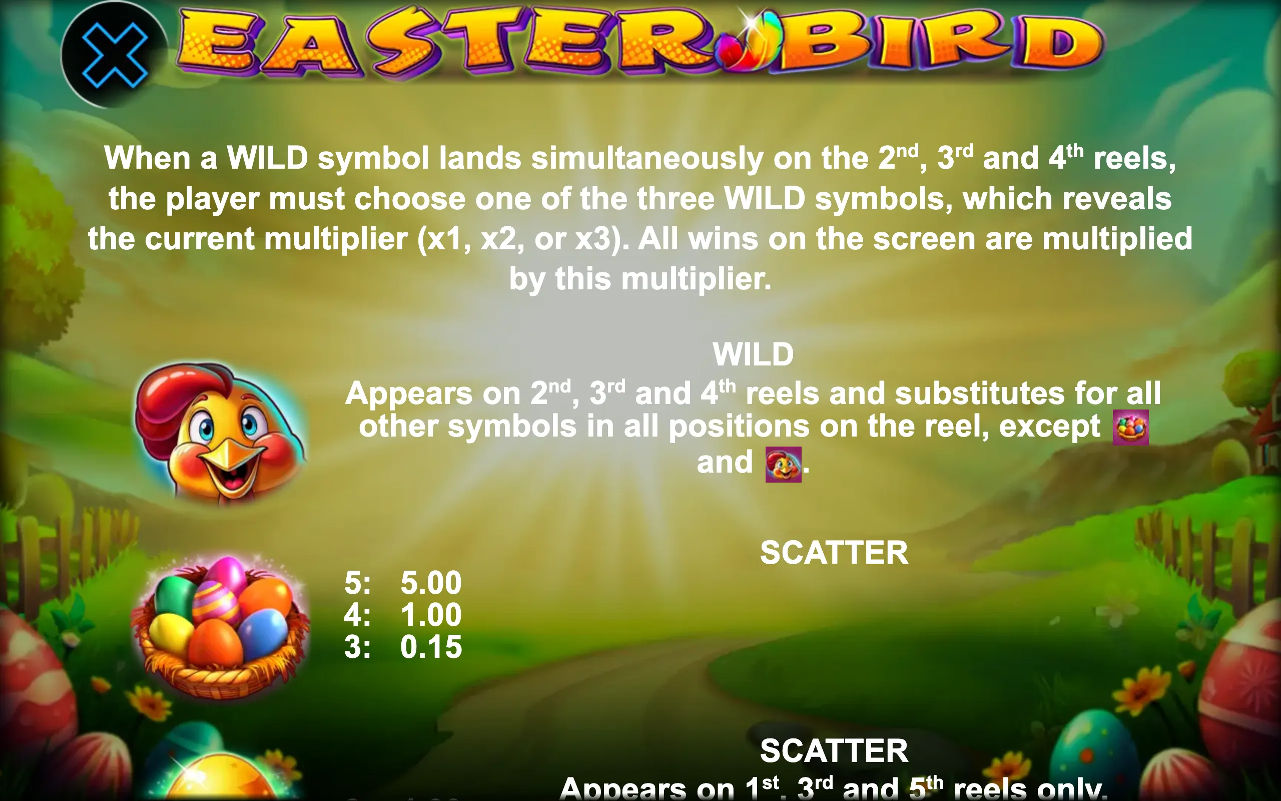 Easter Bird paytable page 1 with symbol payouts