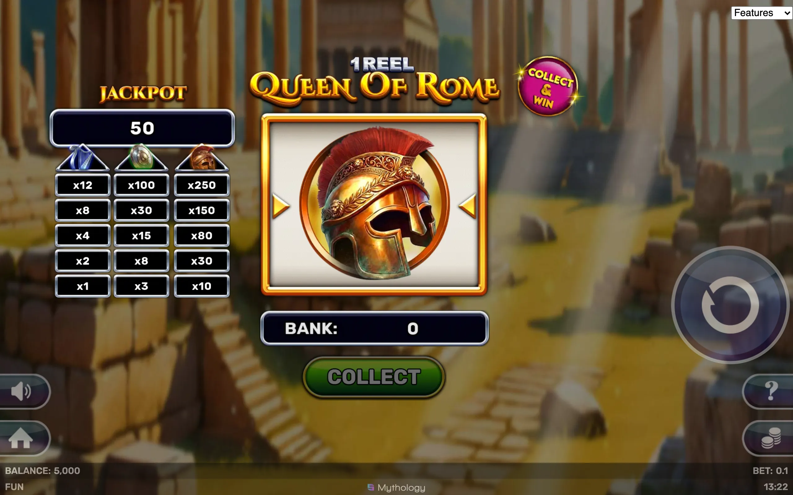 Ancient Roman-themed slot game interface featuring a golden Roman helmet symbol, jackpot values, and a 'Collect & Win' button with a backdrop of Roman ruins.