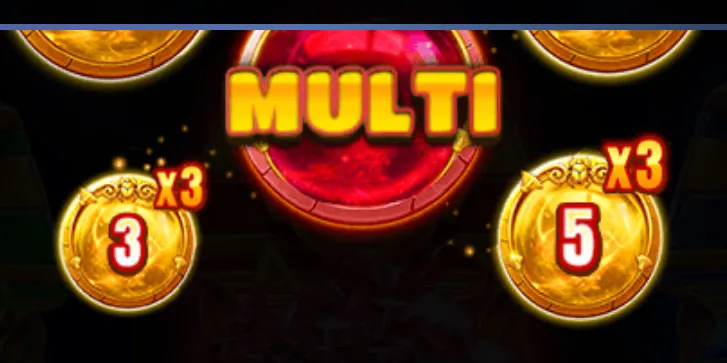 Golden coins with multipliers and numbers surround a glowing red orb labeled MULTI, emphasizing bonus multipliers in the game.