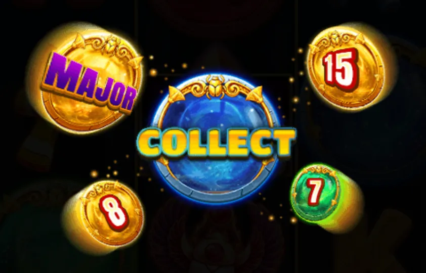 Golden coins with numbers and a major jackpot coin surround a blue orb labeled 'COLLECT' in an ancient Egyptian-themed slot game interface.