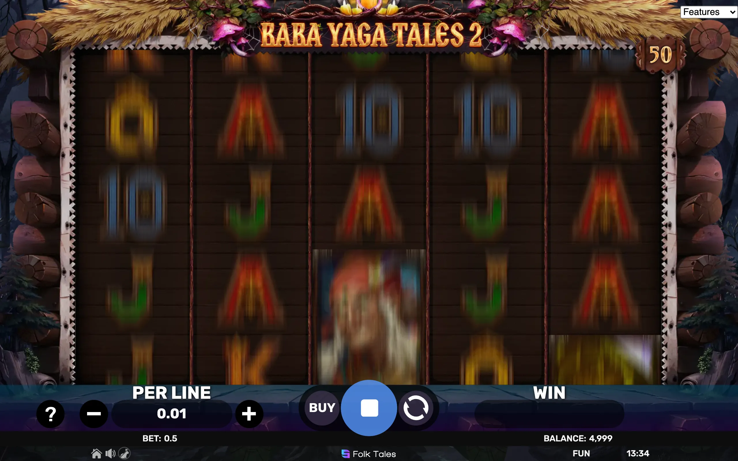 Baba Yaga Tales 2 slot game interface with rustic wooden reels framed by a thatched roof and forest elements, featuring blurred symbols and a mystical theme.
