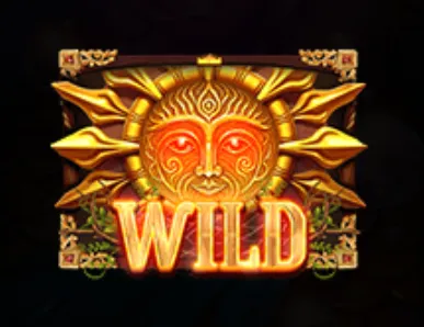 A glowing golden sun face wild symbol with intricate patterns and ornamental spikes, set against a dark background.