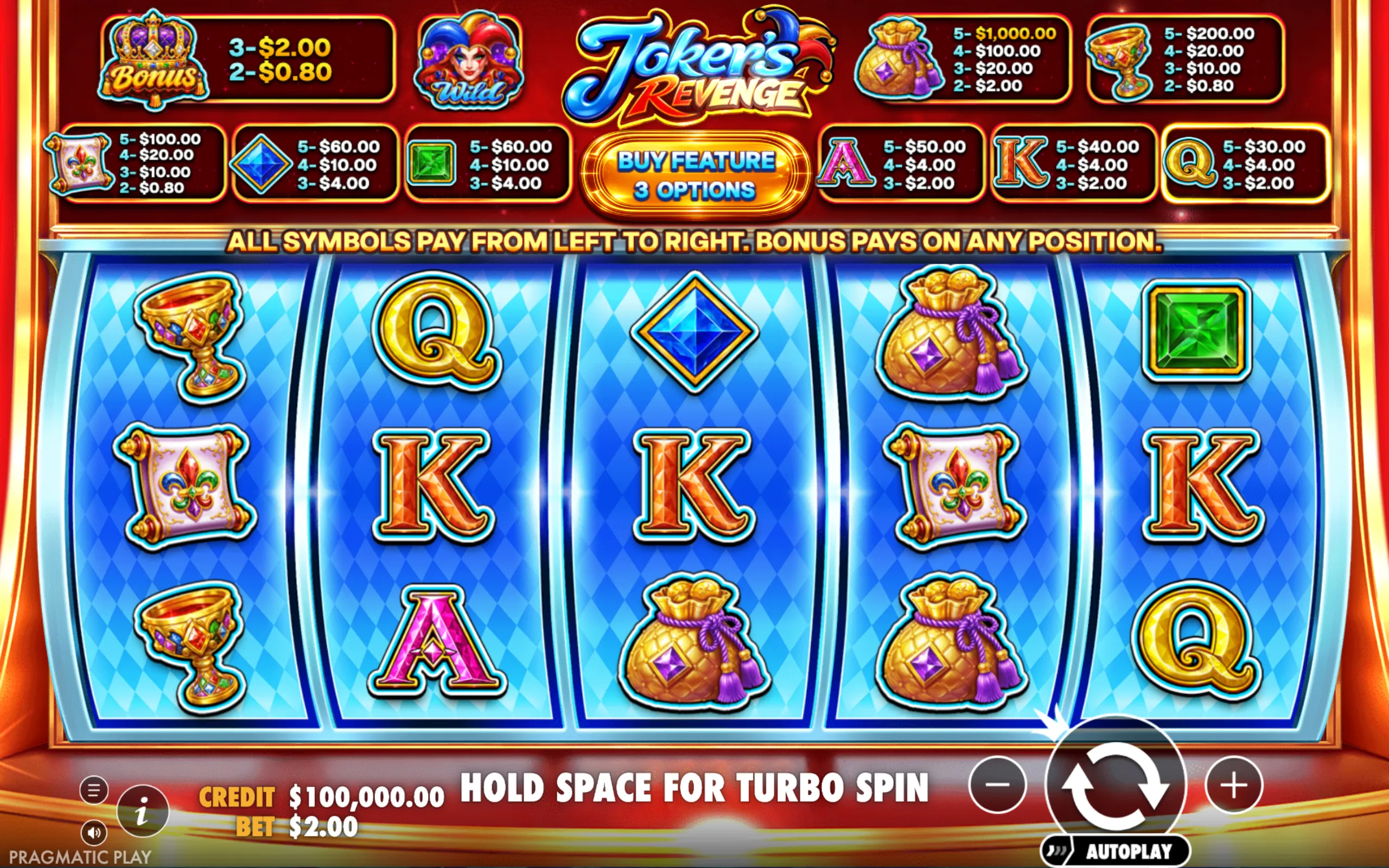 Bright and colorful slot game interface featuring jewel-themed symbols, a joker wild, and bonus icons with clear payout values.