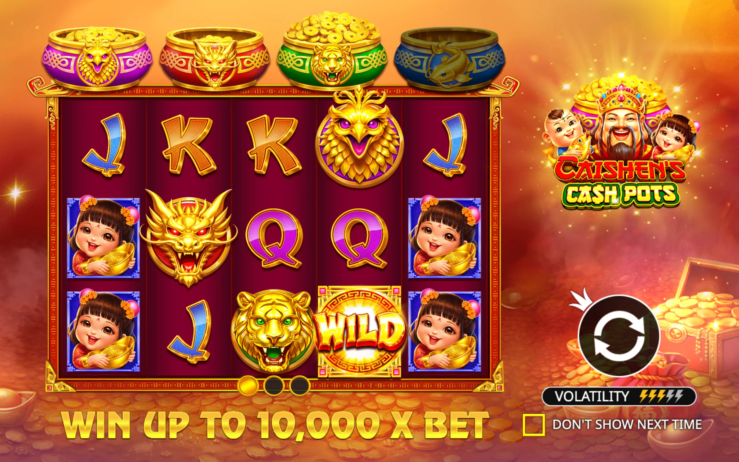 Brightly colored slot reels featuring golden animal-themed pots, joyful children holding gold ingots, and a smiling Caishen figure, set against a warm orange background with gold coins.