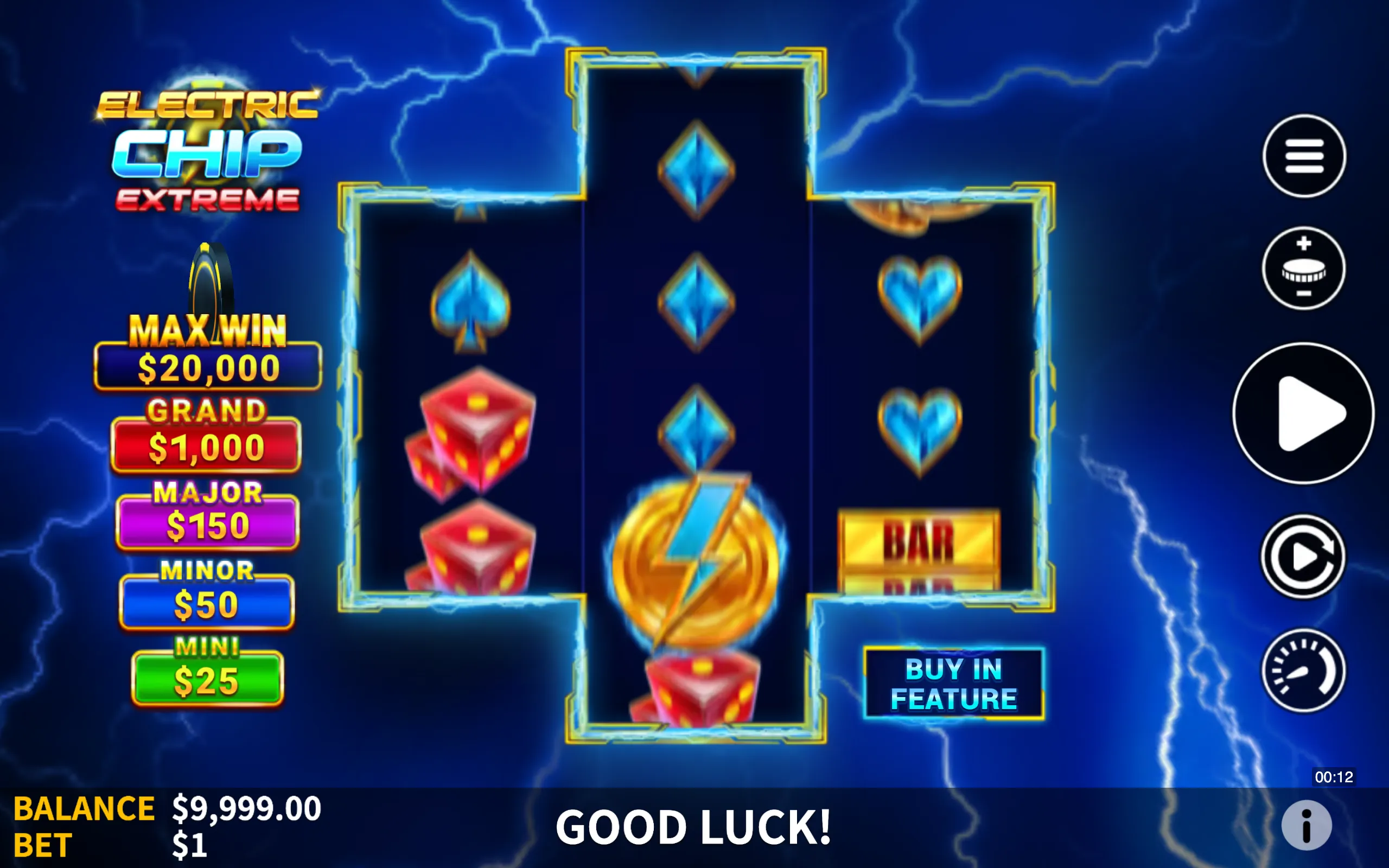 Electric Chip Extreme slot game interface with lightning effects, classic symbols like dice and BAR, and a max win of $20,000 displayed.