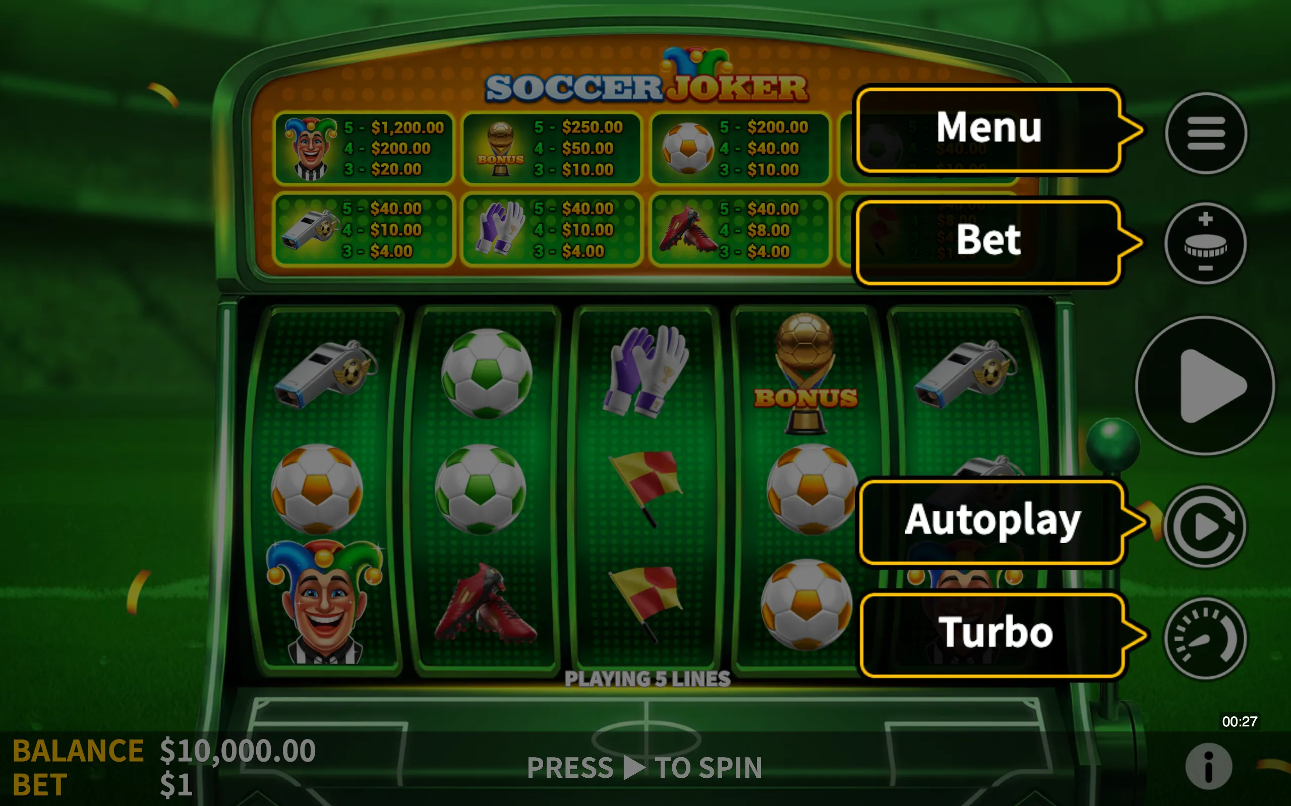 Soccer Joker symbol payouts on the game board