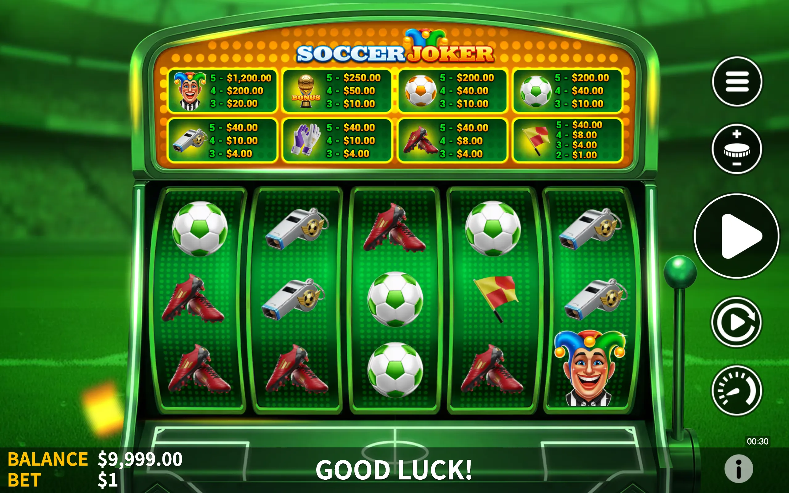 Soccer Joker slot game interface featuring soccer-related symbols like balls, cleats, whistles, gloves, and a joker character with payout values displayed.