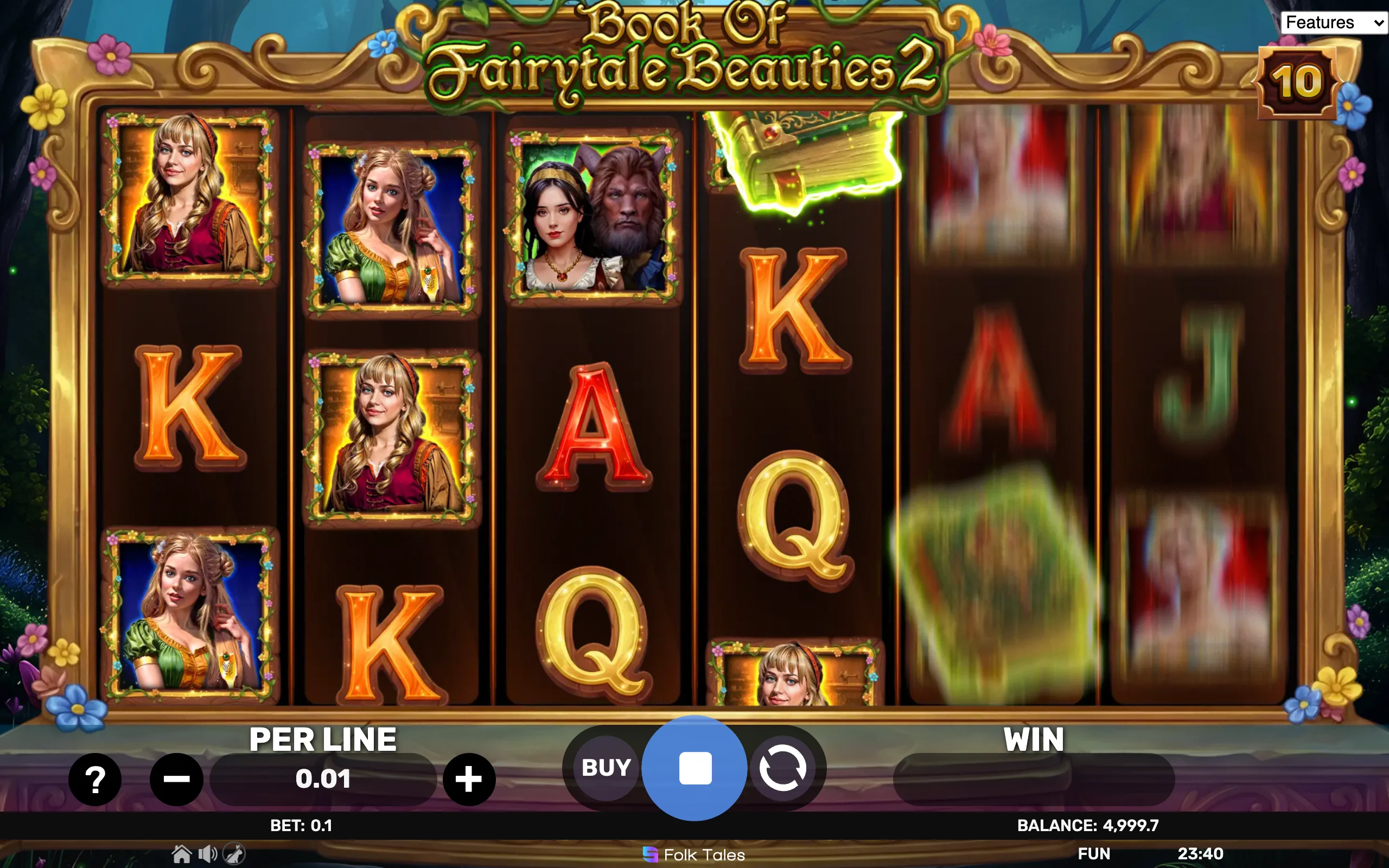 Slot game reels featuring fairytale characters, a glowing magical book symbol, and classic card icons set in a whimsical forest theme.