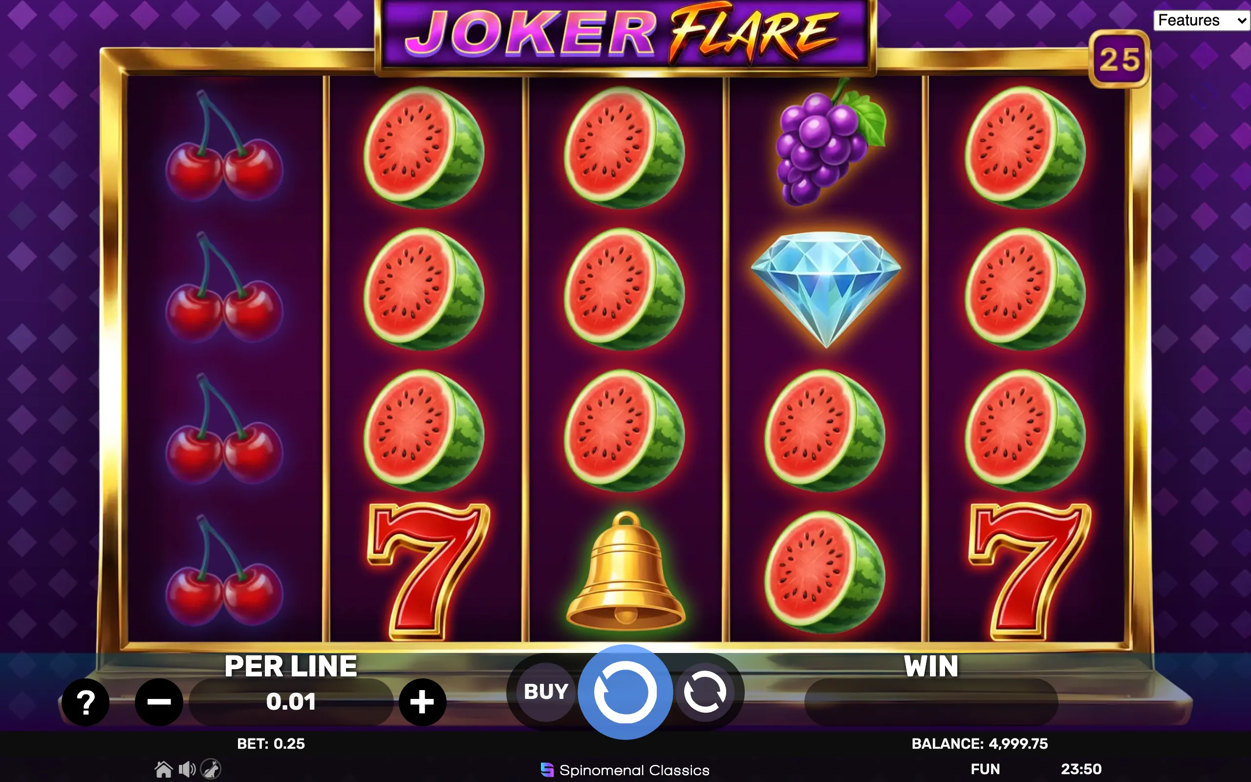 Joker Flare slot game featuring classic fruit symbols like cherries, watermelons, grapes, a diamond, a golden bell, and red sevens on a purple background with gold accents.