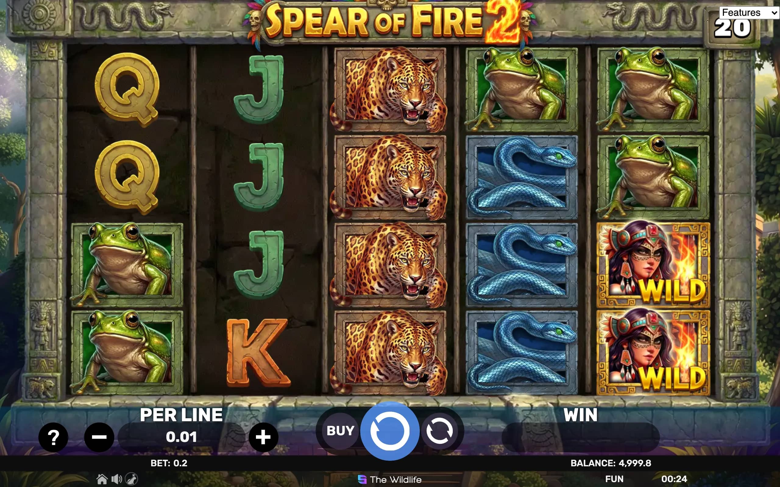 Jungle-themed slot game with symbols including frogs, leopards, snakes, and a wild tribal woman, set in an ancient stone temple environment.