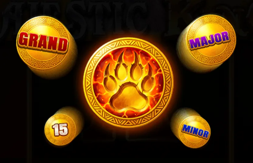 Golden coins representing the Grand, Major, Minor jackpots and a special fiery paw print symbol from Majestic King - Hold & Hit 3x3 slot game.