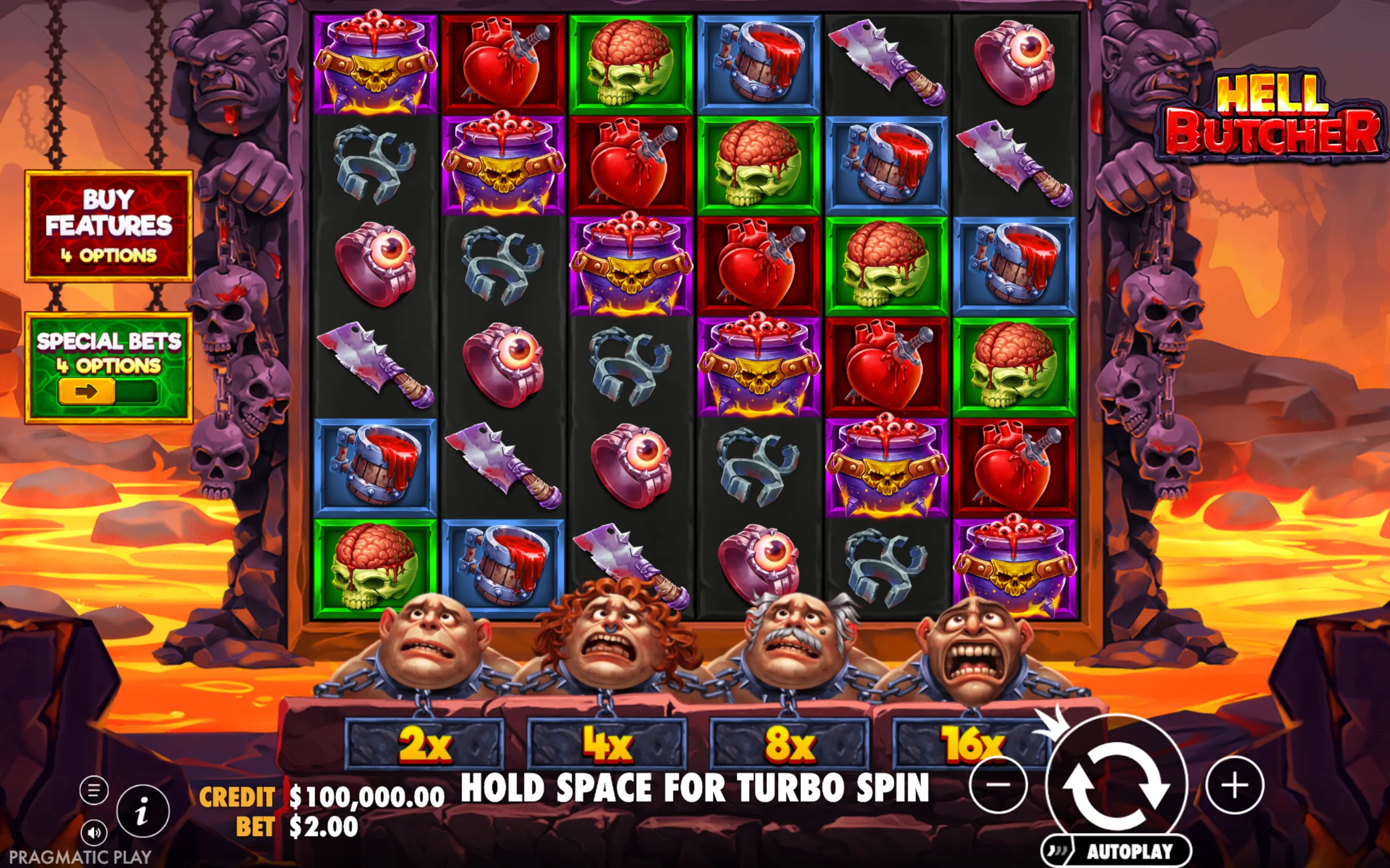 Hell Butcher slot game with bloody symbols including hearts, brains, skulls, and cleavers set against a fiery hellish backdrop with chained characters and demon statues.