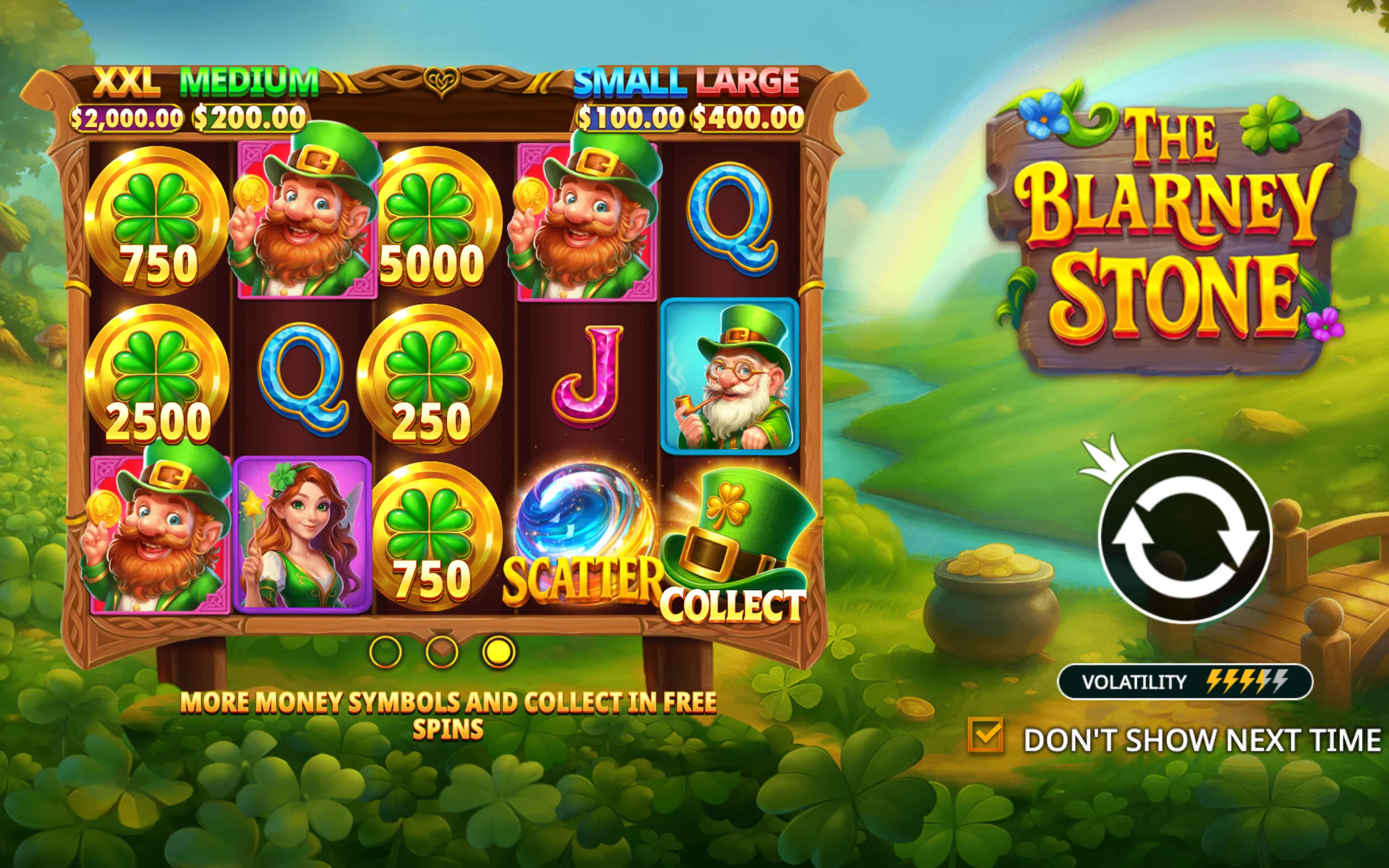 Colorful slot game interface featuring leprechaun characters, four-leaf clover coins, and jackpot tiers labeled XXL, Medium, Small, and Large with corresponding prize amounts.