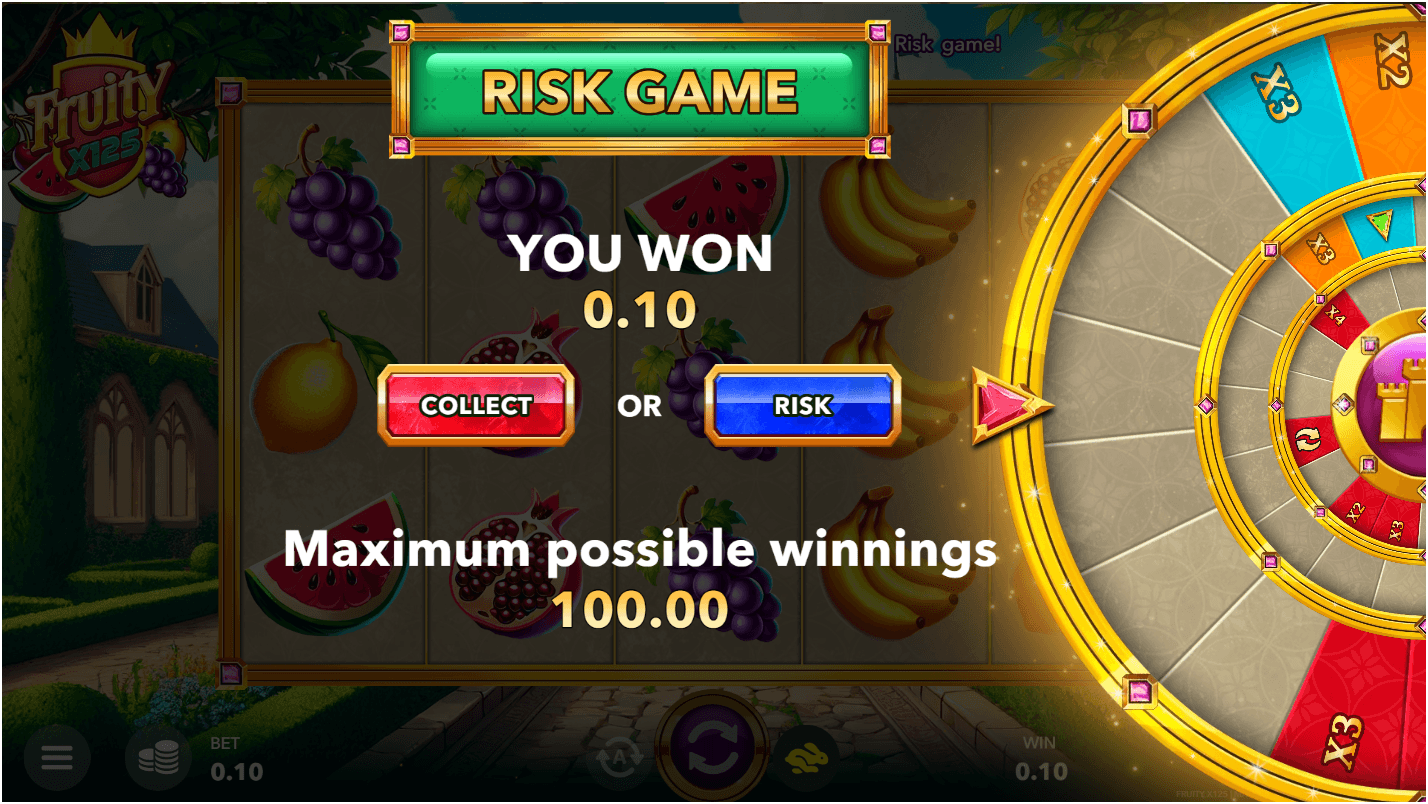The Risk Game screen displays a win of 0.10 with options to "Collect" or "Risk," alongside a spinning multiplier wheel showing x2, x3, and higher values.