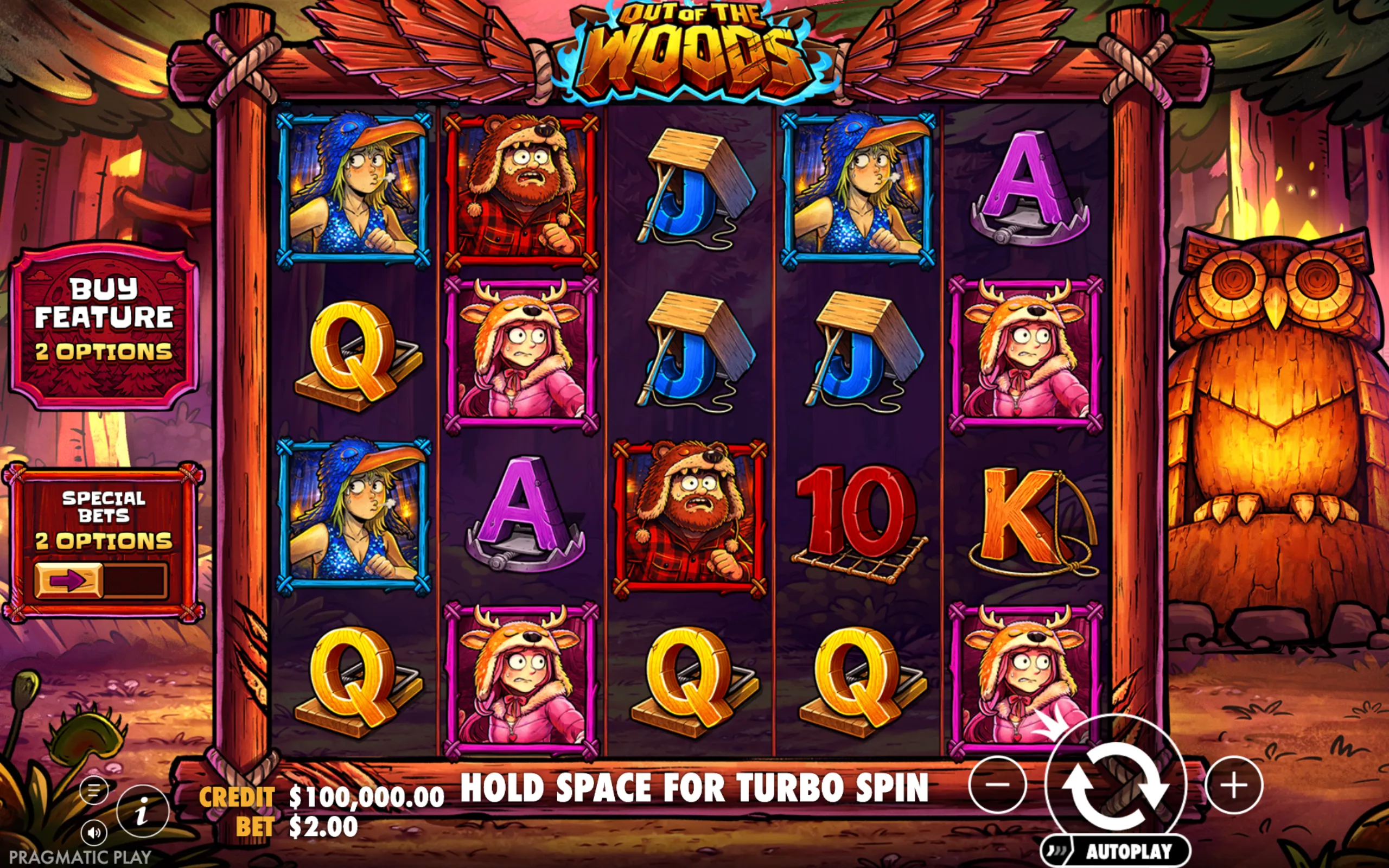 Cartoon-style slot game interface featuring characters in animal costumes, wooden-themed symbols, and a large carved owl statue in a forest setting.