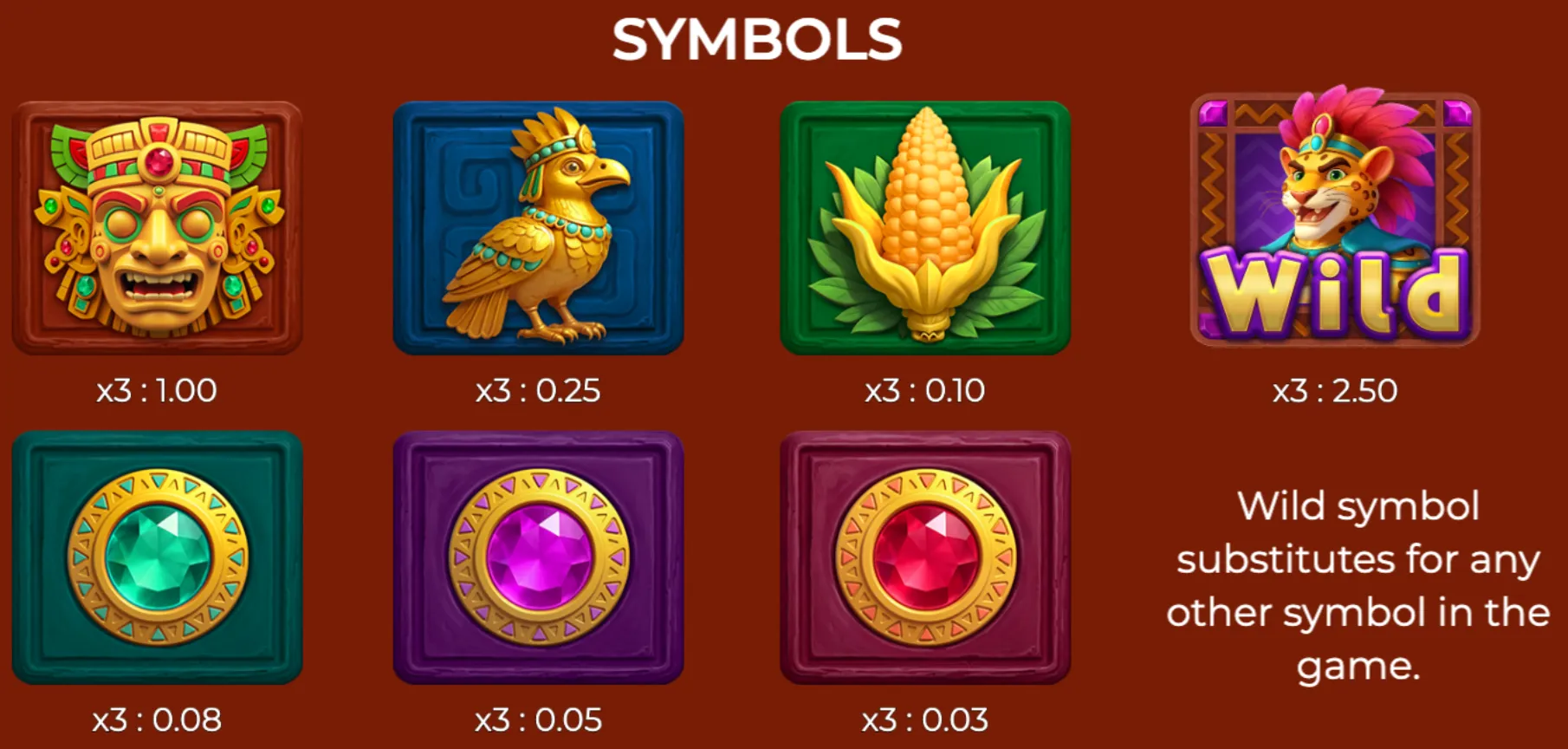 Colorful slot symbols featuring a golden jaguar wild, tribal masks, a golden bird, corn, and various gemstones on a warm brown background.