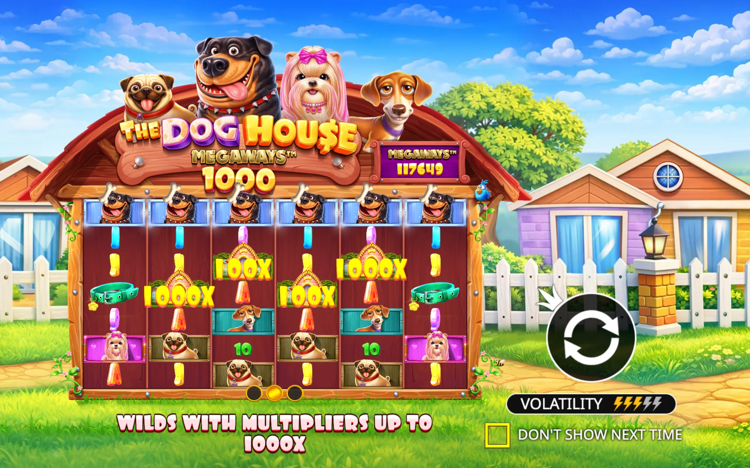 Colorful slot game interface featuring cartoon dogs, dog collars, bones, and multipliers up to 1000x with a bright suburban backyard setting.