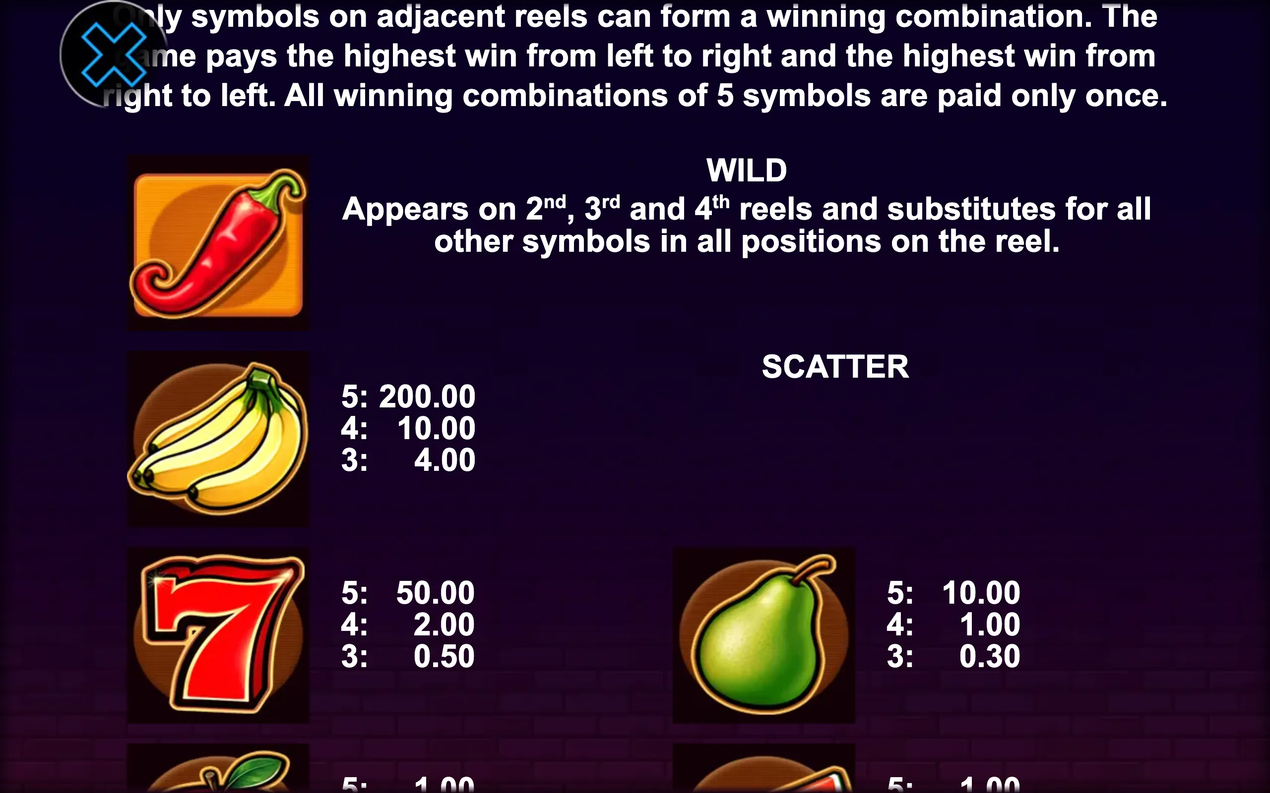 20 Chilli Fruits paytable page 1 with symbol payouts