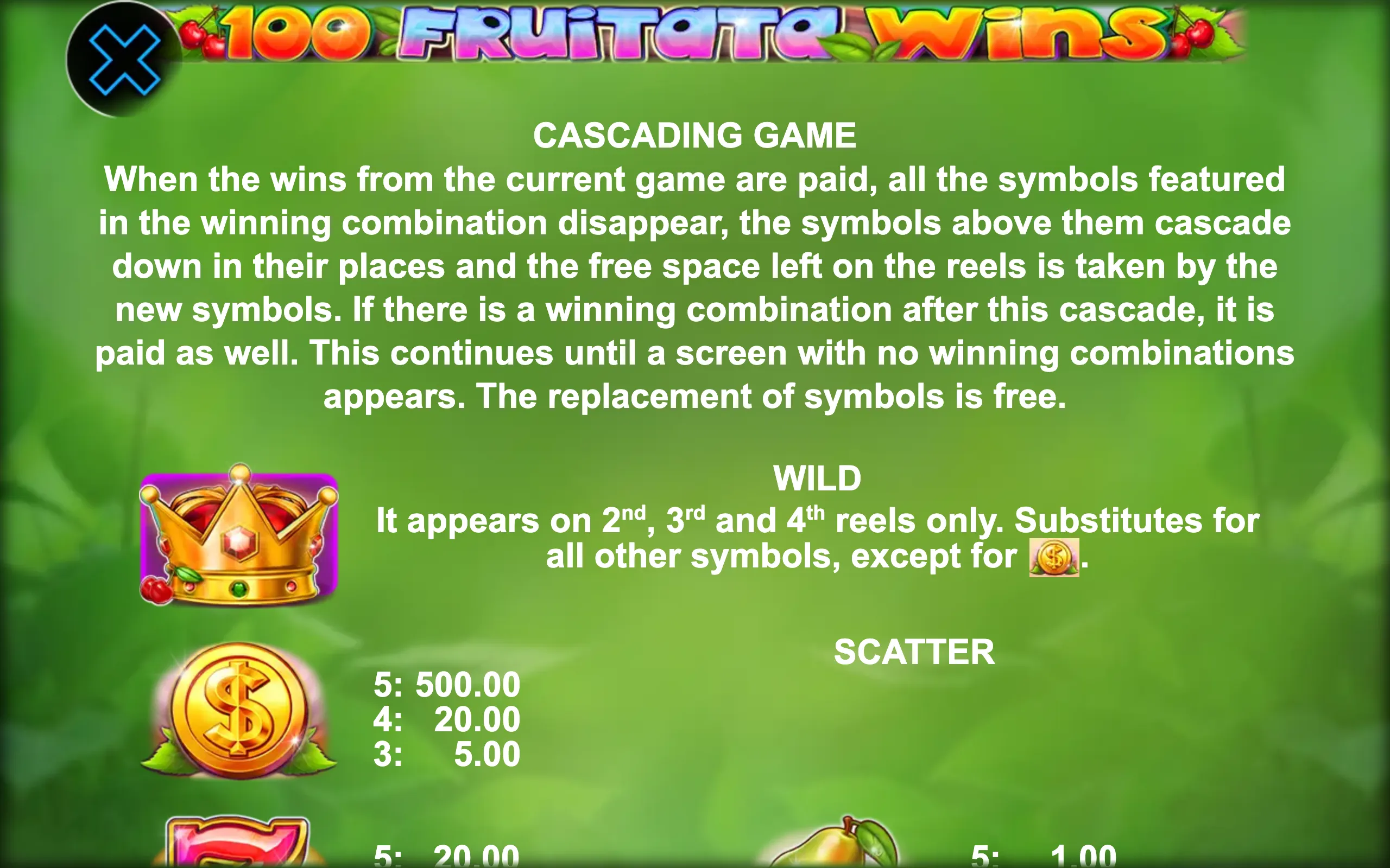 100 Fruitata Wins paytable page 1 with symbol payouts
