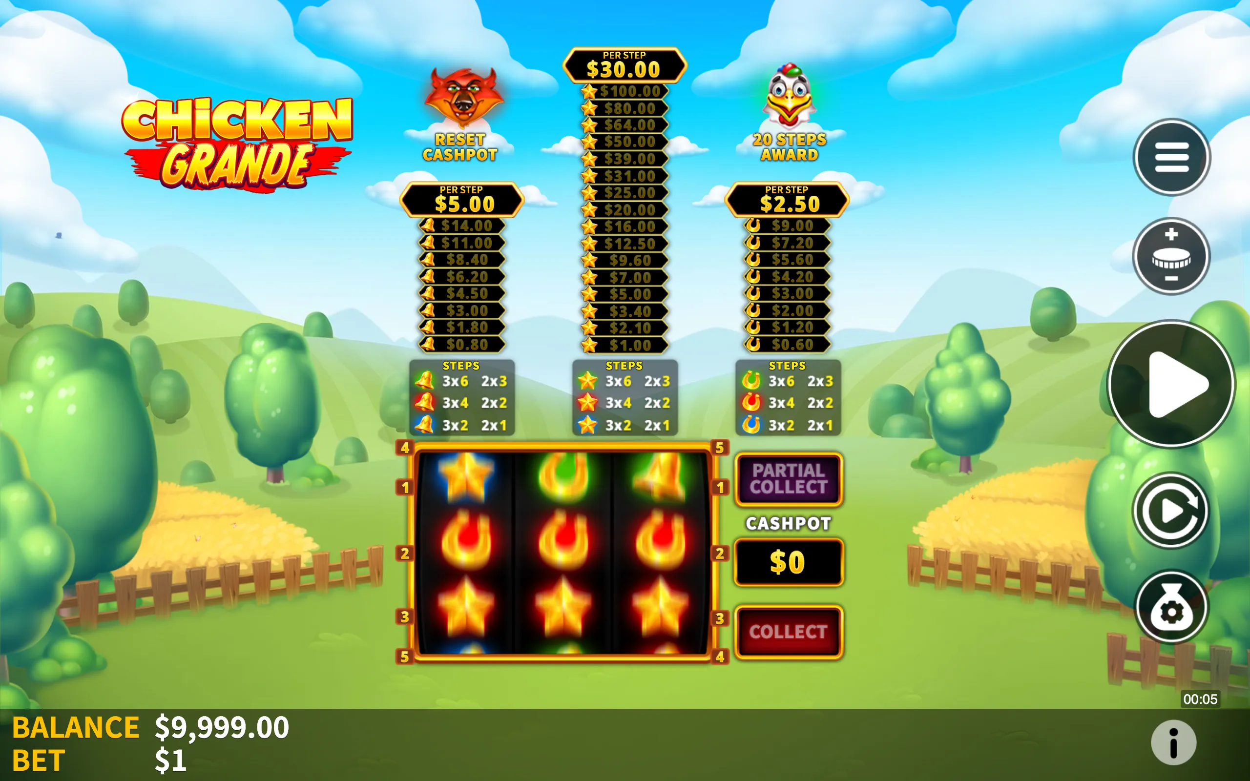 Bright and colorful slot game interface featuring farm-themed symbols like stars, horseshoes, and bells, with jackpot values and step awards displayed against a sunny countryside backdrop.