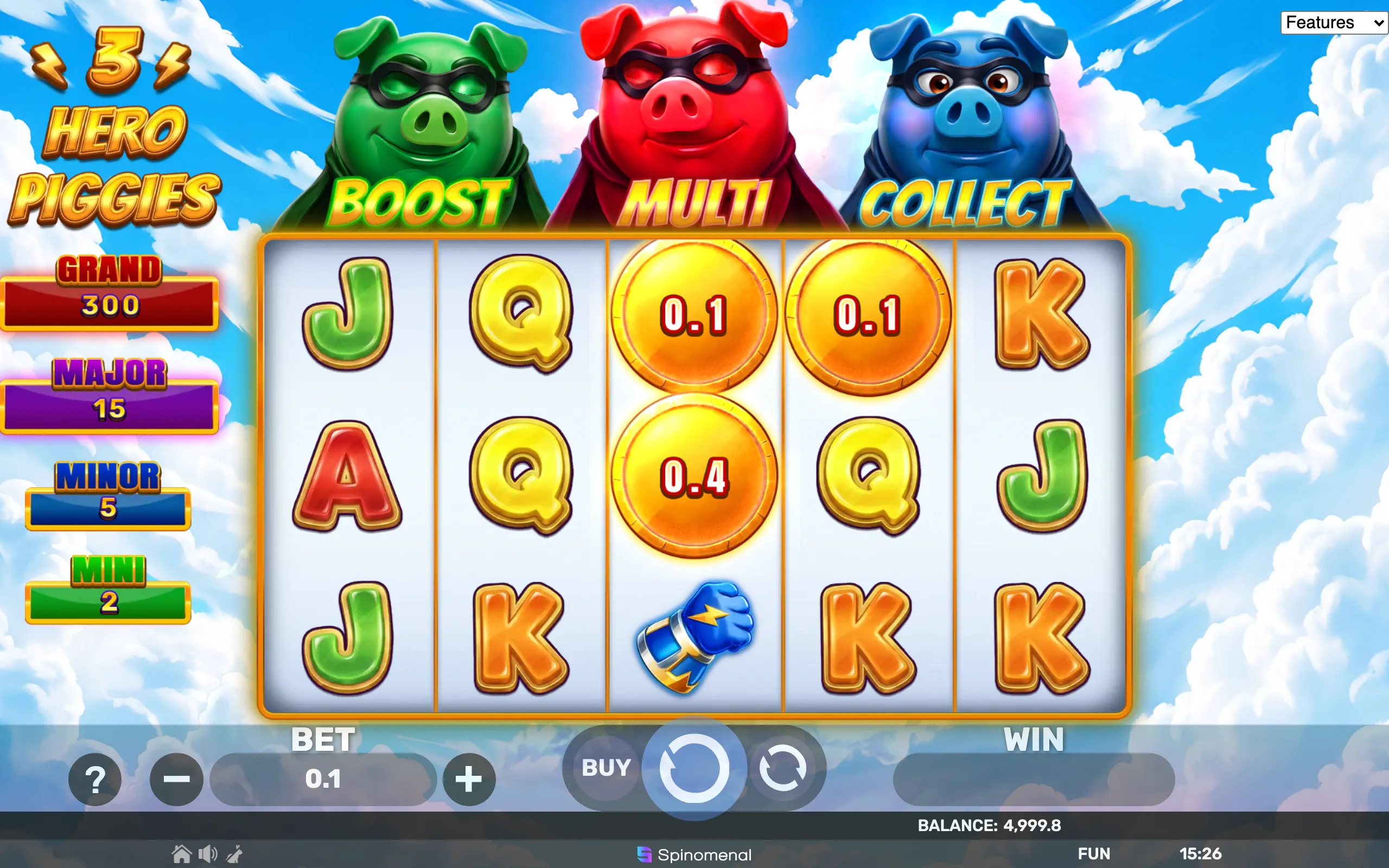 3 Hero Piggies slot game preview with three colorful superhero pigs and vibrant symbols against a bright sky background